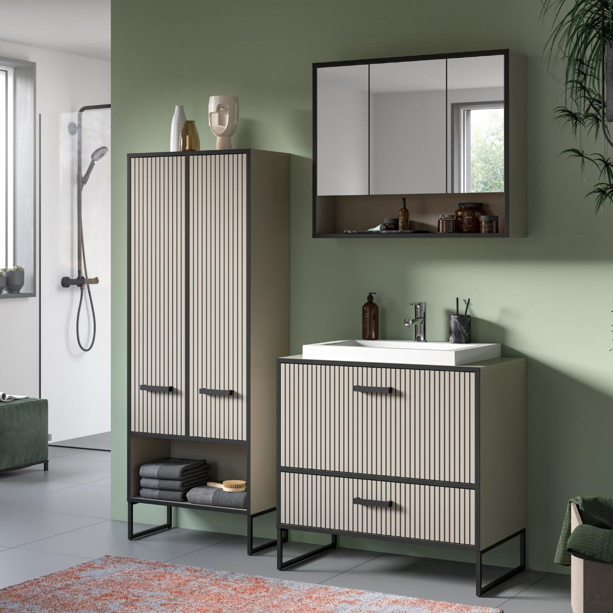 BADEZIMMERSCHRANK mit 2 Türen und 2 Nischen, Kaschmir 32/159/59 cm - Beige, Holzwerkstoff (32/159/38cm) - Calicosy