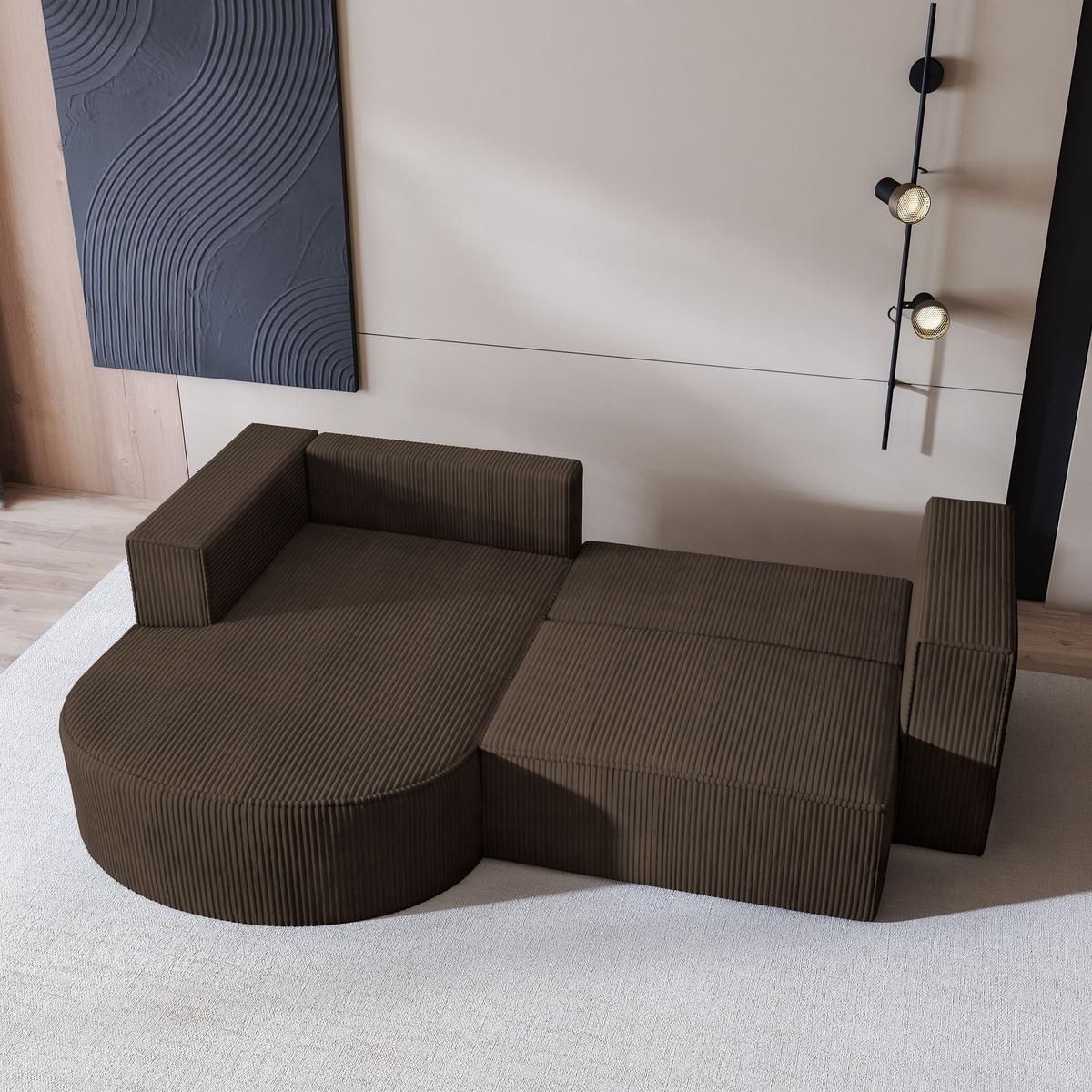 ECKSOFA SORELA P L-S Braun Kordstoff mit Schlaffunktion - Braun, Holz (263/174cm) - MASSENO