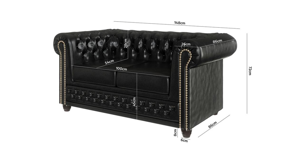 CHESTERFIELD-SOFA 2-sitzer Morin Schwarz vegan Leder - Schwarz/Braun, Holz/Textil (148/72/86cm) - S-Style Möbel