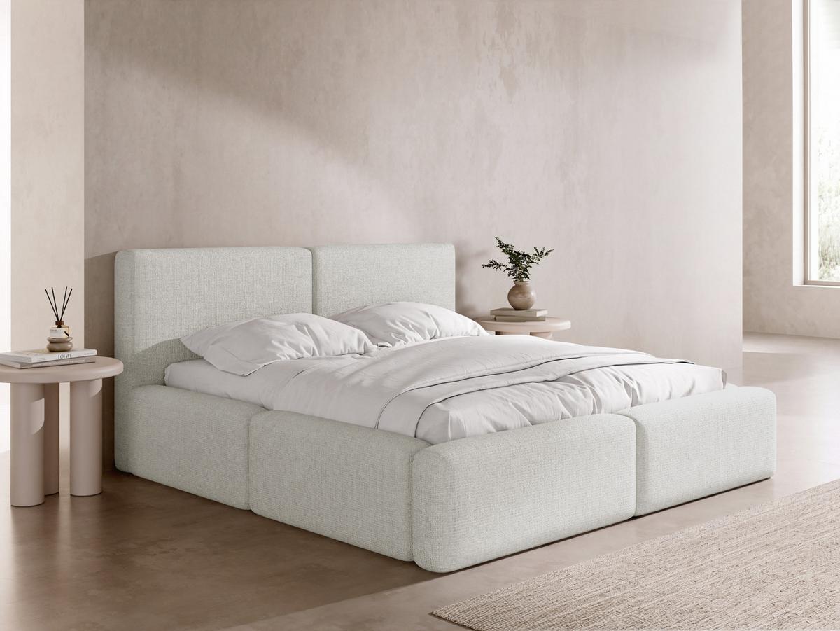 POLSTERBETT Duo mit Bettkasten, Metall-Lattenrost & hohem Kopfteil in Weiß Chenille 160x200 cm - Birkefarben/Weiß, Kunststoff/Textil (160/200cm) - WFL GROUP