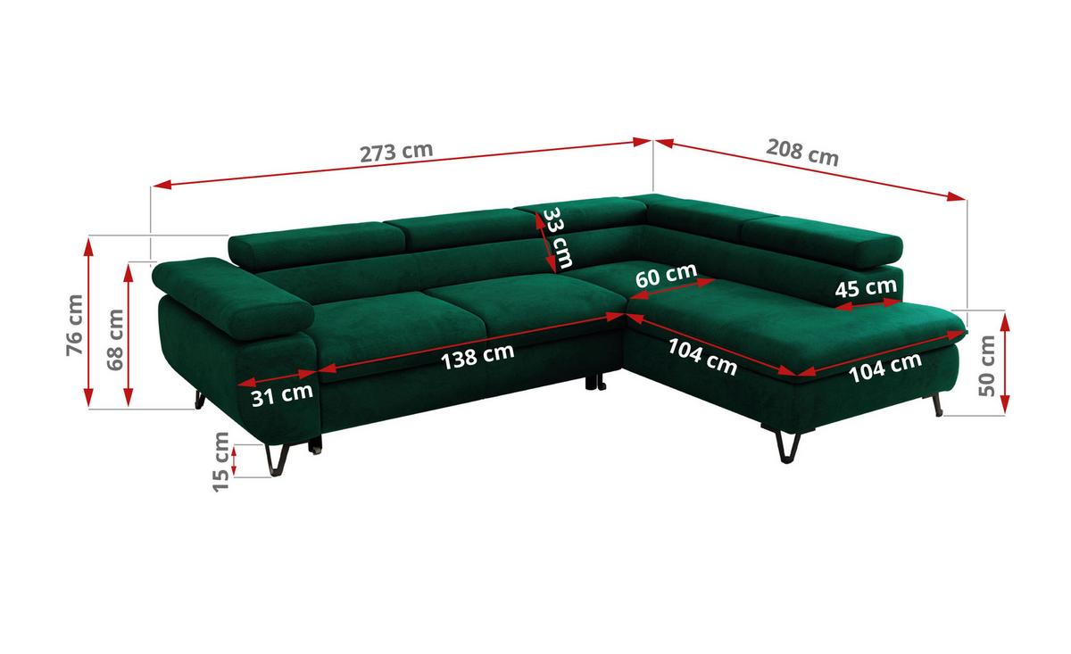 ECKSOFA PABLO L Dunkelgrün Velvet - Links Seite mit Visco Topper - Dunkelgrün/Schwarz, Textil/Metall (208/273cm) - MKS