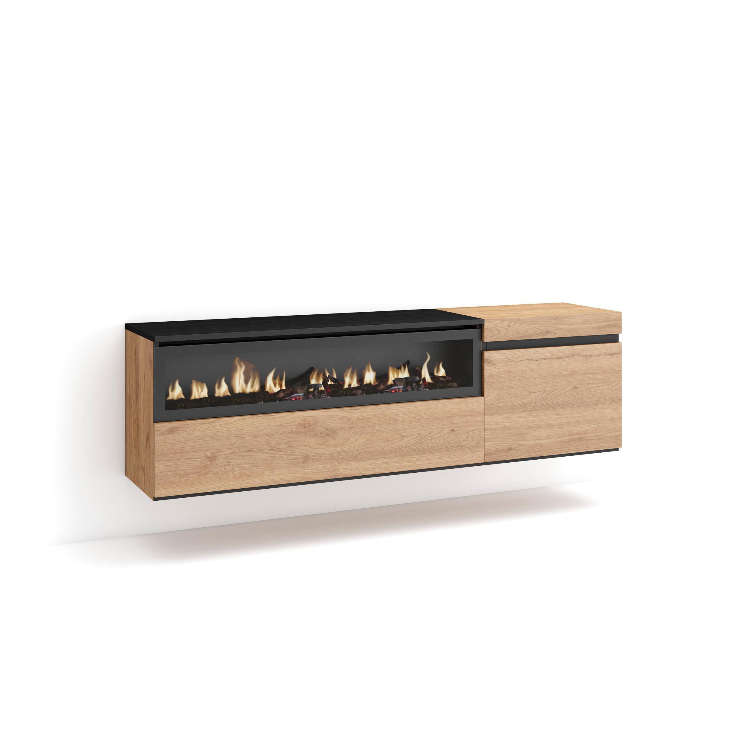 LOWBOARD mit Elektrokamin, Hängend, Eiche, Schwarz, 150/35/45cm - Eichefarben/Naturfarben, Holzwerkstoff (150/45/35cm) - Skraut Home