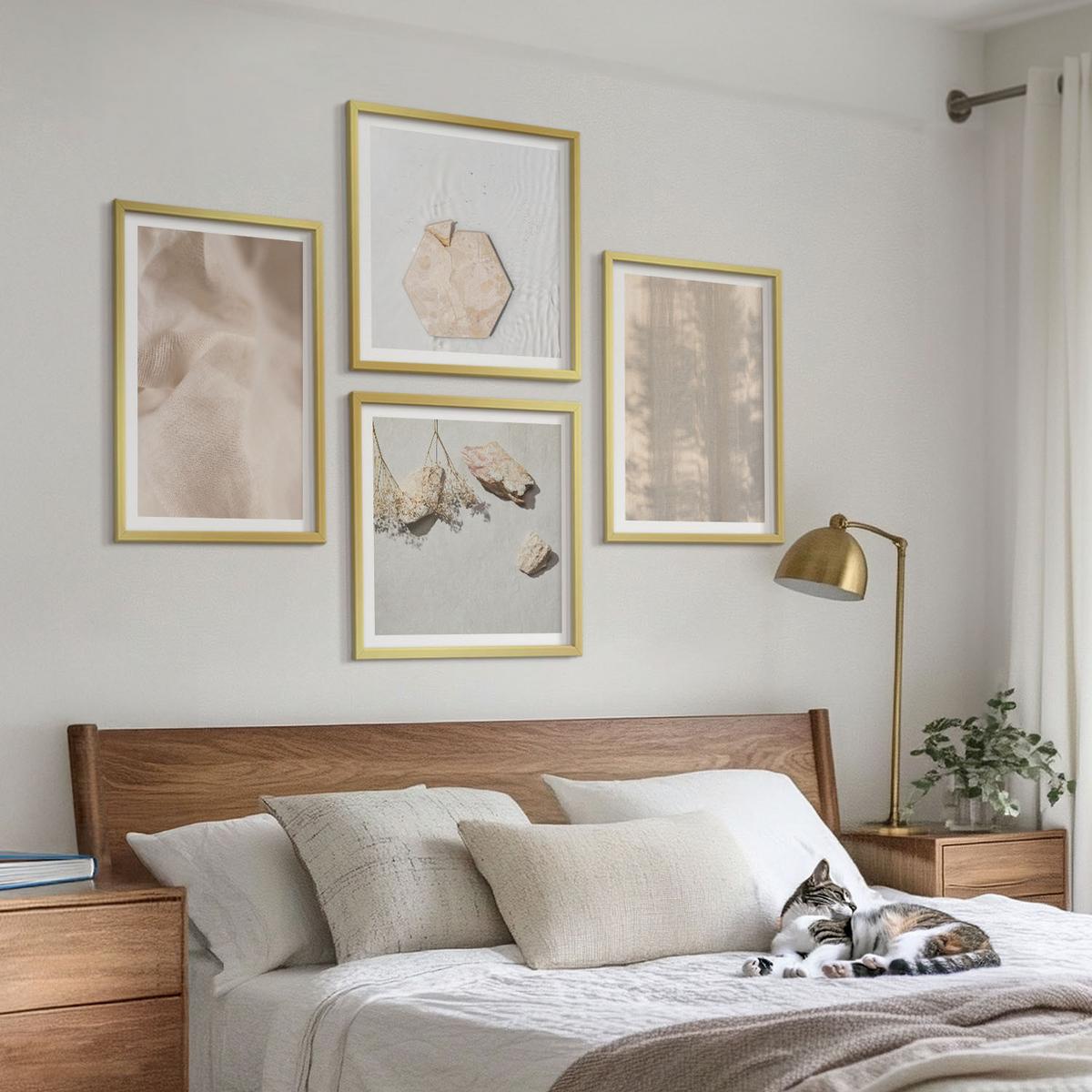 BILDER SET 4er Set - 50x50 cm & 40x60 cm Goldrahmen - Dezente Boho-Naturtexturen - Goldfarben, Kunststoff (50/50cm) - TULUP