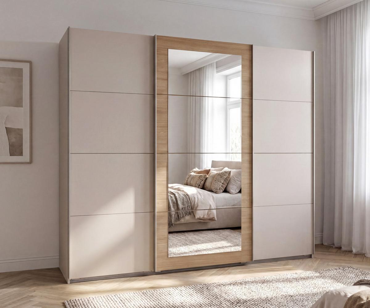 SCHWEBETÜRENSCHRANK 3-türig B270/H208/64 cm Kleiderschrank in Beige Grau, Spiegel umrahmt in Eiche Natur, Griffe Beige Grau / 22628 - Beige/Grau, Holzwerkstoff/Metall (270/208/64cm) - luma-home