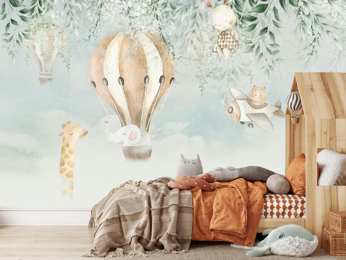 FOTOTAPETE für Kinderzimmer Tiere Wolken Ballons Giraffe Elefant 100x70 - Beige/Braun, Papier (100/70cm) - Muralo