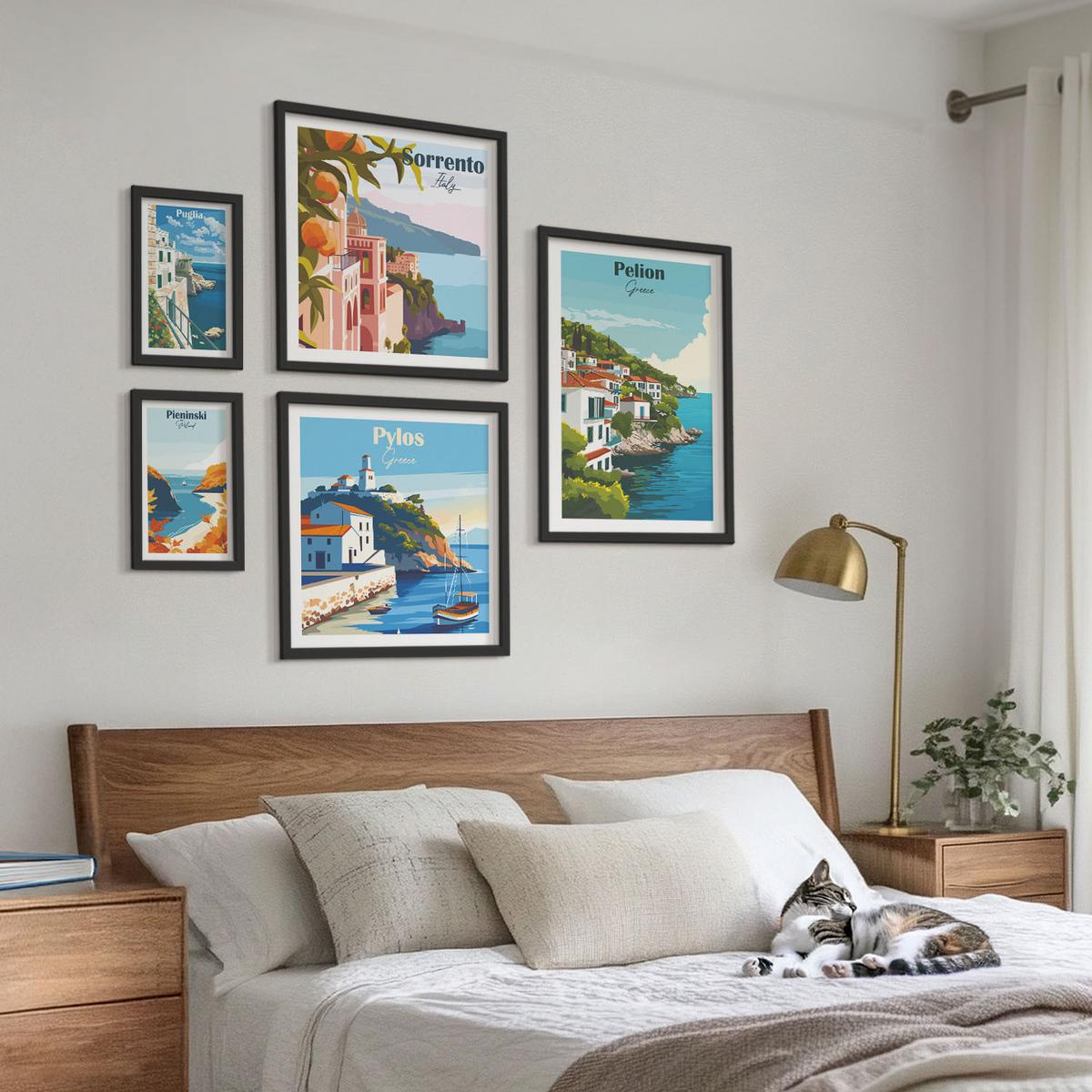 BILDER SET 5er Set - 50x50 cm & 20x30 cm & 40x60 cm Schwarzer Rahmen - Farbenfrohe Illustrationen von Retro-Städten - Schwarz, Kunststoff (40/60cm) - TULUP