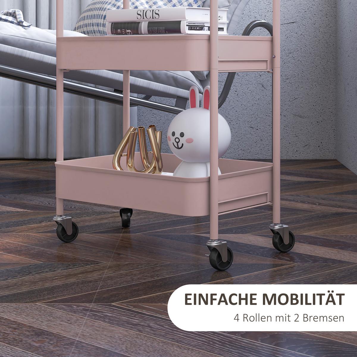 SERVIERWAGEN Rollwagen mit 3 Etagen, für Küche, Wohnzimmer, Stahl, Rosa - Rosa, Metall (30.6/79/45cm) - HOMCOM