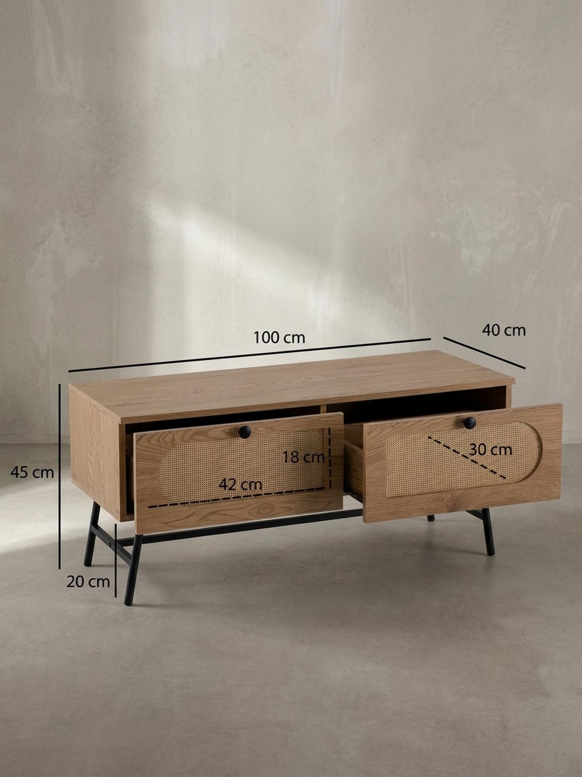 LOWBOARD Eiche-Dekor Rattan Modern Stil 100x45x40 cm mit Schubladen - Schwarz/Braun, Holzwerkstoff/Metall (100/45/40cm) - KADIMA DESIGN