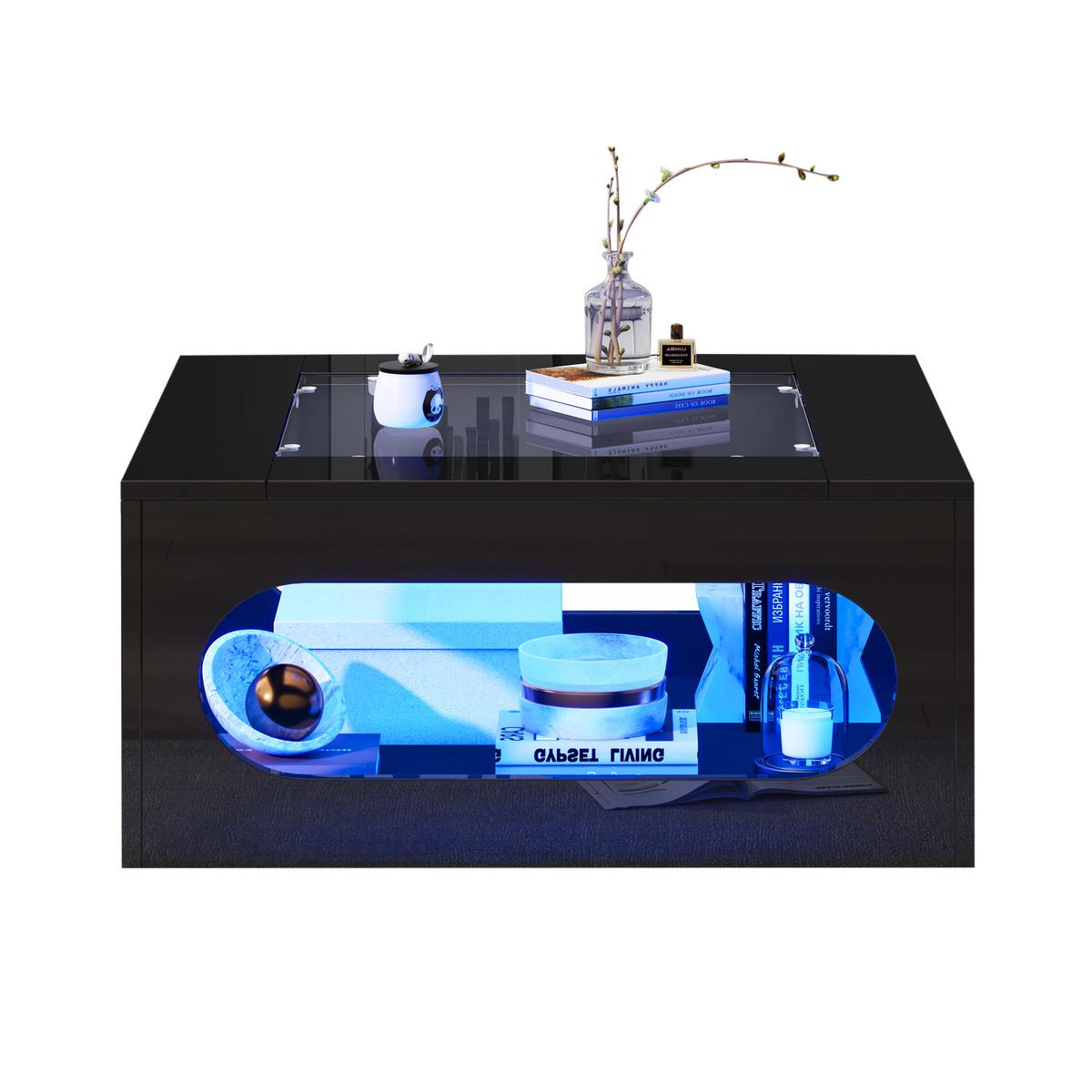 COUCHTISCH in Schwarz-Hochglanz mit LED-Beleuchtung und Glasplatte - Weiß, Holzwerkstoff (70/70/35cm) - Urban Meuble