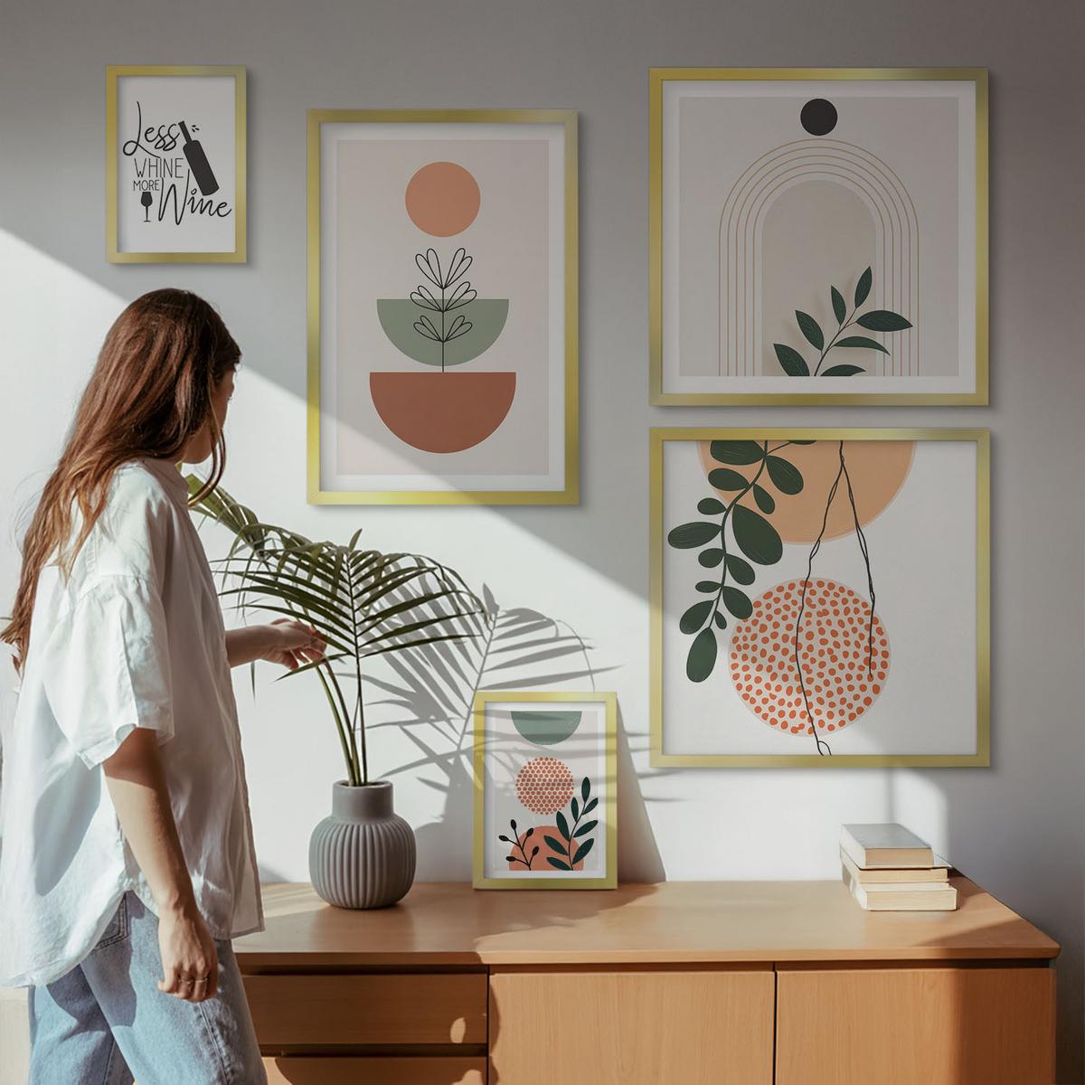 BILDER SET 5er Set - 50x50 cm & 20x30 cm & 40x60 cm Goldrahmen - Abstrakte Pflanzenformen - Goldfarben, Kunststoff (40/60cm) - TULUP