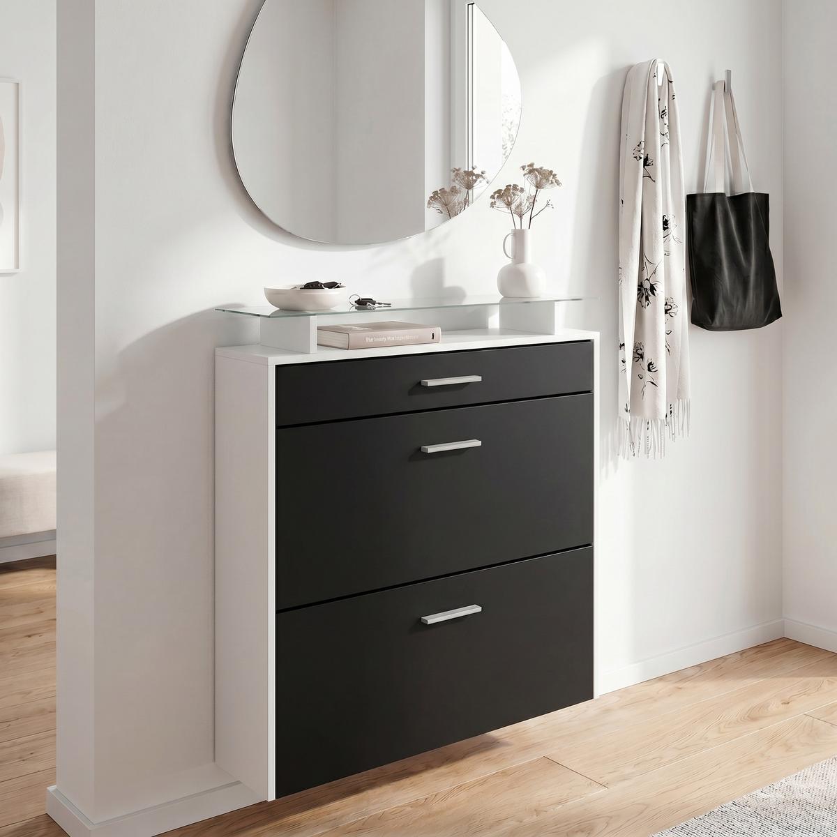SCHUHSCHRANK Malea Front in Schwarz matt - Schwarz, Holzwerkstoff (89/96/23cm) - Vladon