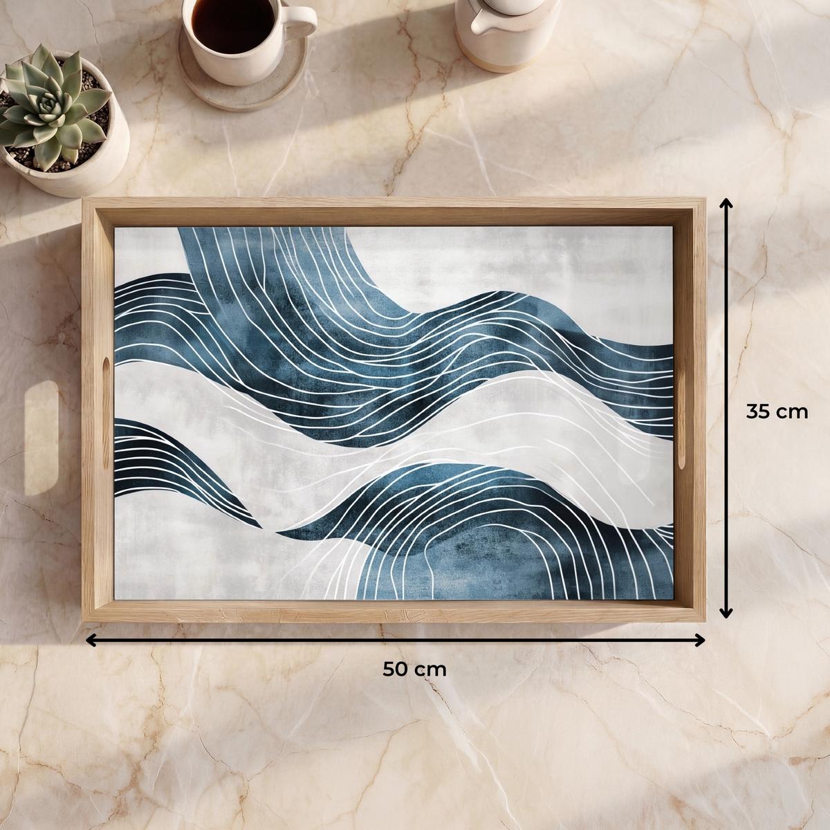 TABLETT Linien - Wellen - Abstrakt - Grau 50x35 cm - Blau, Holz (50/5/5cm) - OnlyWow