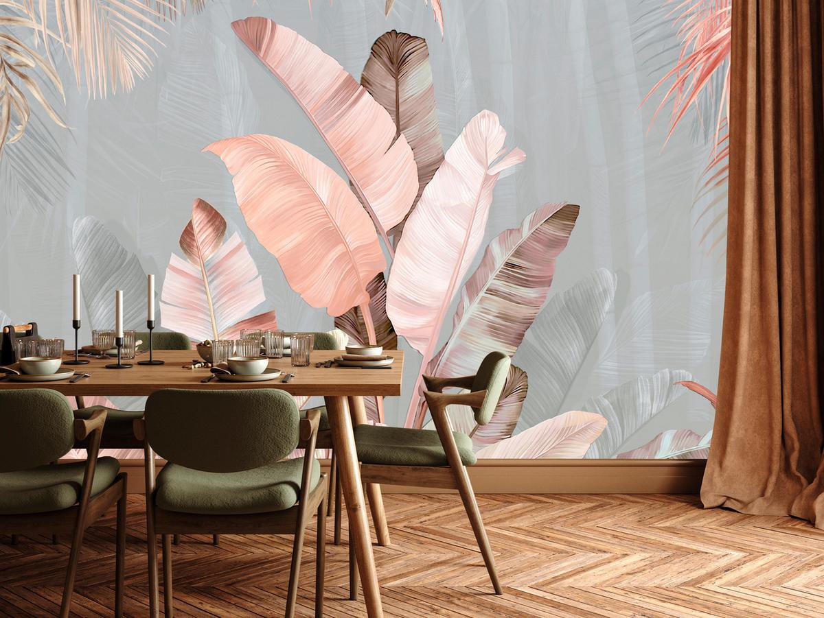 FOTOTAPETE für Esszimmer Tropische Pastell Bananenblätter 350x256 - Beige/Rosa, Papier (350/256cm) - Muralo