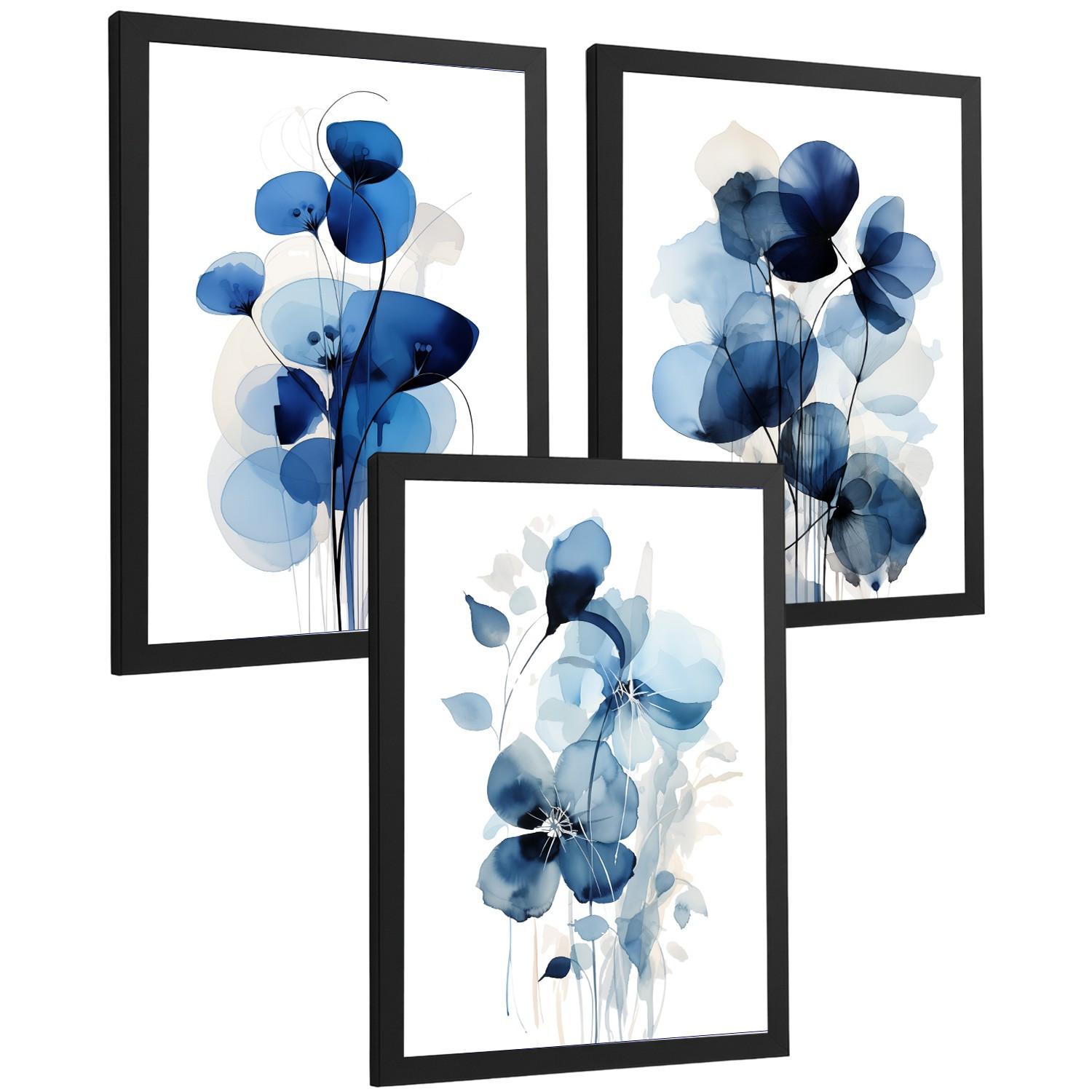 POSTER 3er-Set Wandbilder Blumen Blau modern Wohnzimmer Deko, Schlafzimmer, Küche, Badezimmer Schwarzer Rahmen A4 - Schwarz, Papier (29.7/1/21cm) - Nacnic