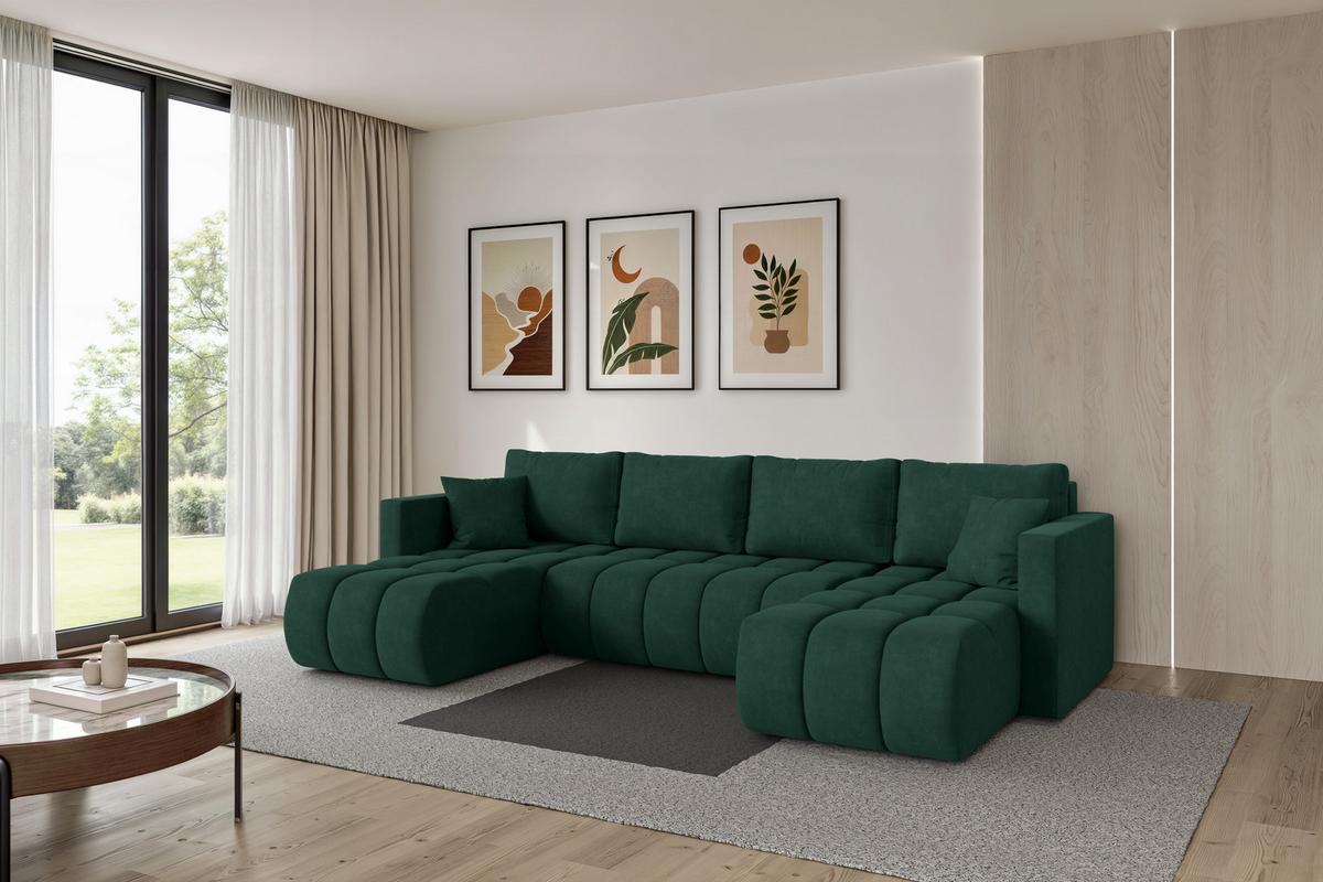 WOHNLANDSCHAFT mit Schlaffunktion und Bettkasten GARD-U 300x146x85 Grün Velours - Schwarz/Grün, Holzwerkstoff/Kunststoff (300/85/146cm) - ALTDECOR