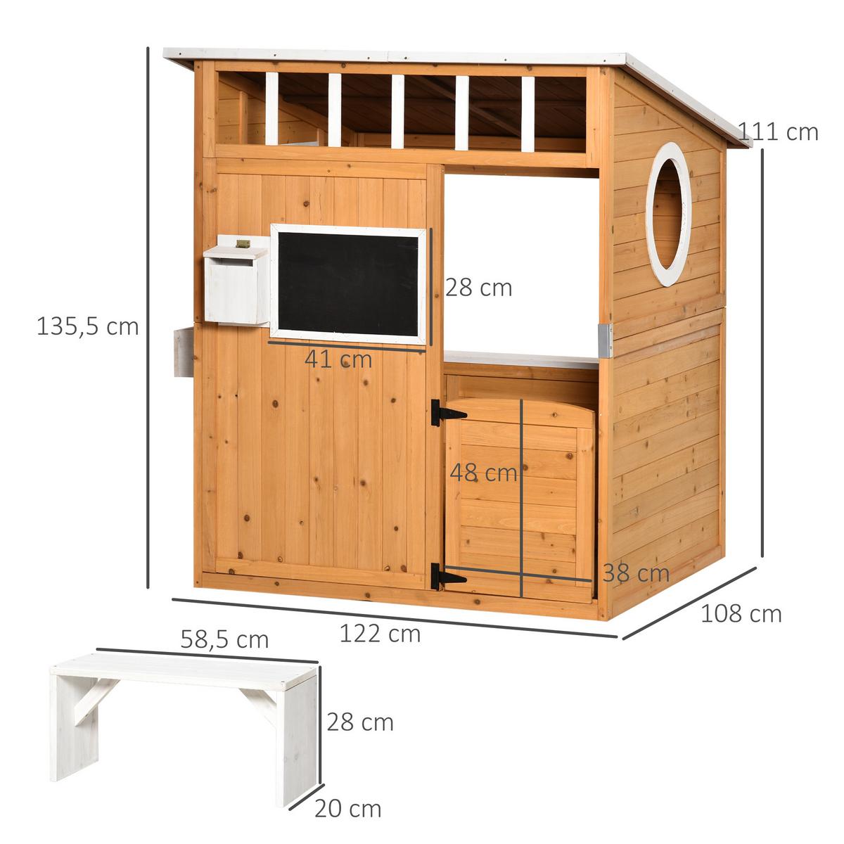 SPIELHAUS für Kinder Holz Kinderspielhaus mit Fenster Briefkasten Blumentopfrack - Naturfarben, Holz (108/135.5/122cm) - Outsunny