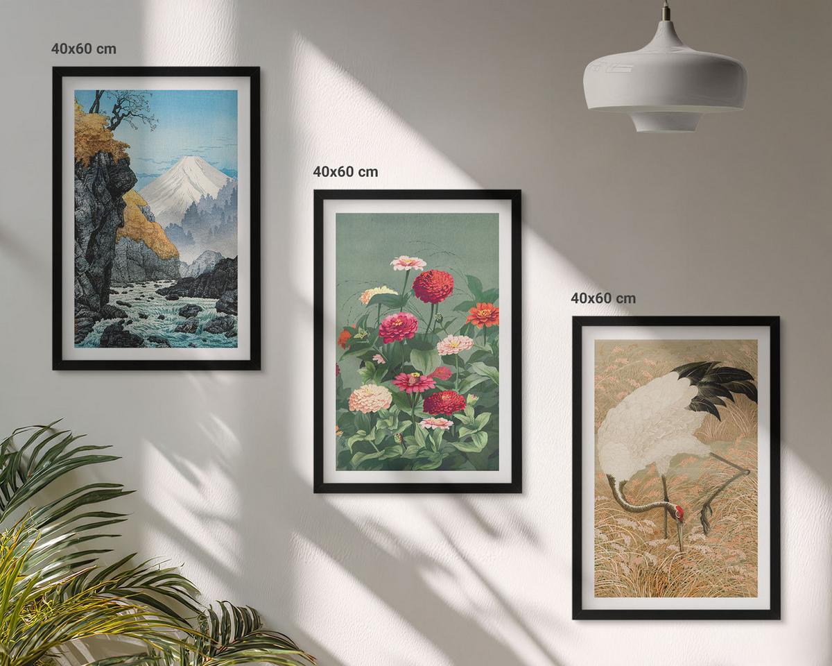 BILDER SET 3er Set - 40x60 cm Schwarzer Rahmen - Berglandschaft, Fluss, Blumen, Kraniche - Schwarz, Kunststoff (40/60cm) - TULUP