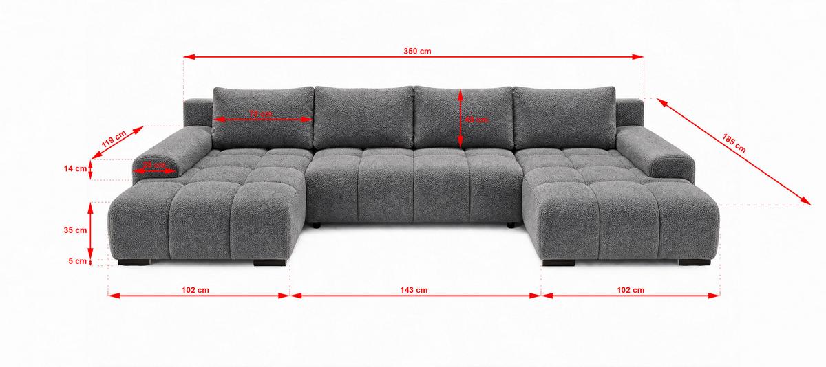 WOHNLANDSCHAFT OVIA U mit Bettkasten und Schlaffunktion, Bouclé-Stoff in U-Form - Dunkelgrau, Textil (350/80/185cm)