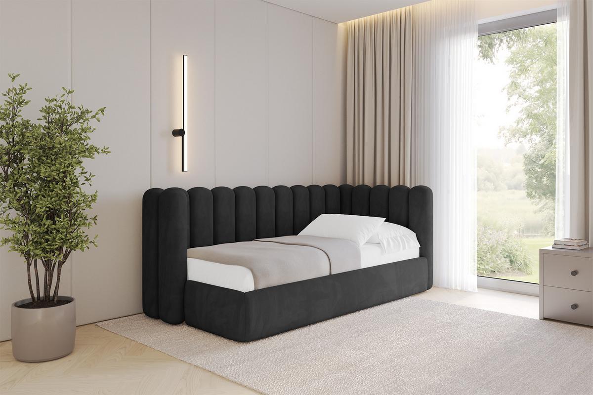 EINZELLBETT Jugendbett mit Bettkasten und Matratze H3/H4, Links - HUGY 100x200 Schwarz - Schwarz, Holzwerkstoff/Textil (100/200cm) - ALTDECOR