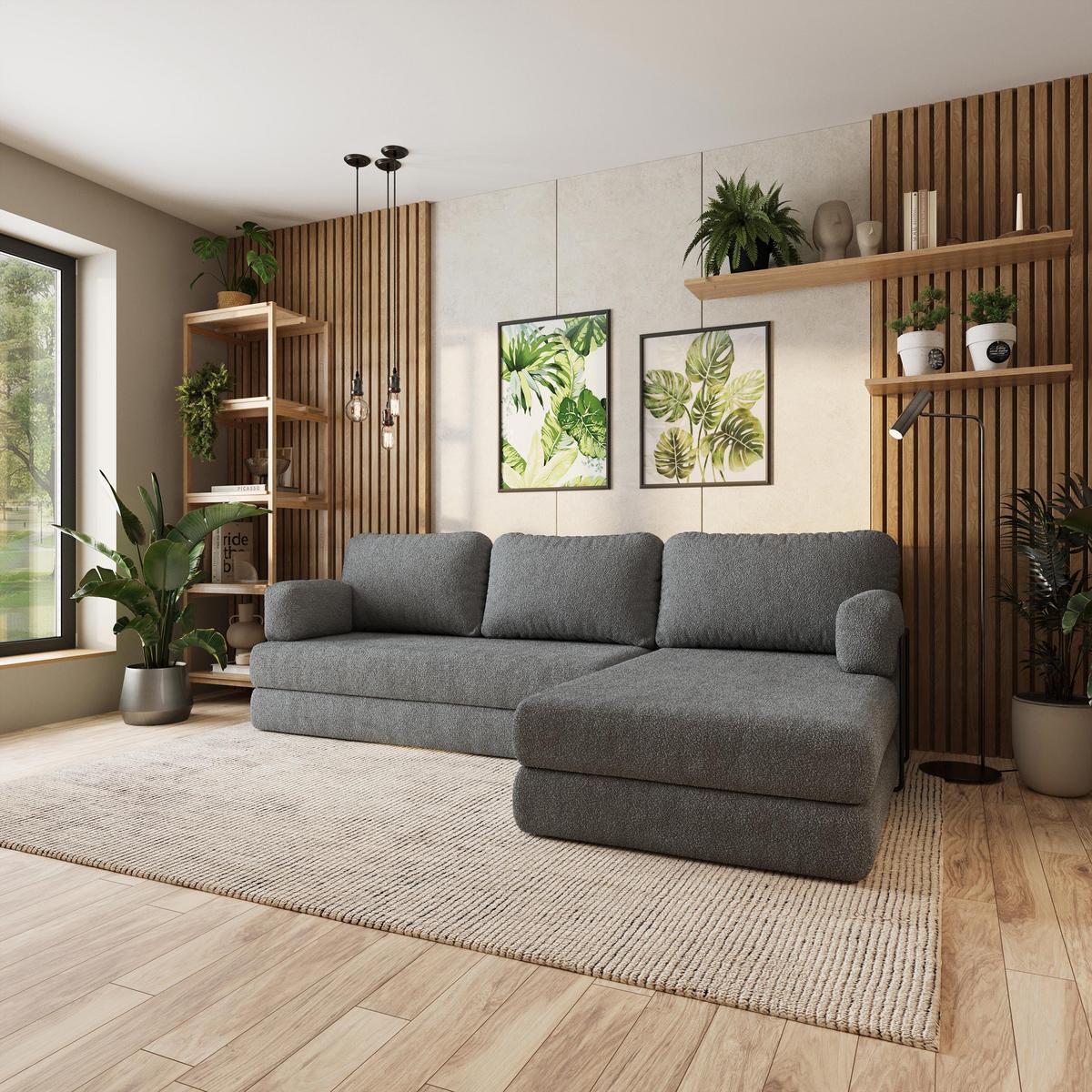 ECKSOFA LEA modulares Boneless Sofa mit Schlaffunktion Grau Boucle-Stoff - Grau, Textil (270/160cm) - MASSENO