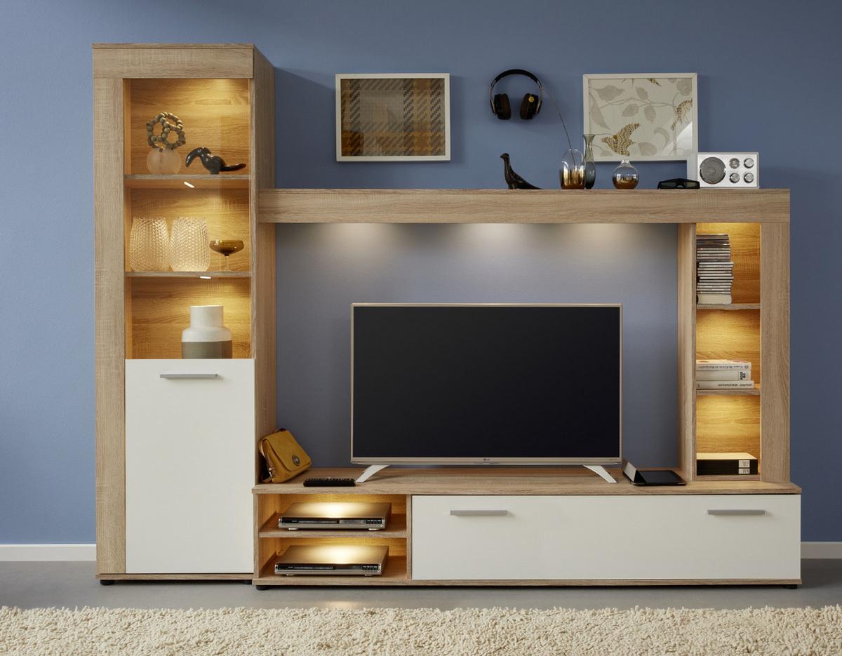 WOHNWAND Sonoma Eiche hell sägerau, weiß 240 cm, Schrankwand mit viel Stauraum - Silberfarben/Schwarz, Holzwerkstoff/Kunststoff (240/185/41cm) - Top.Furn