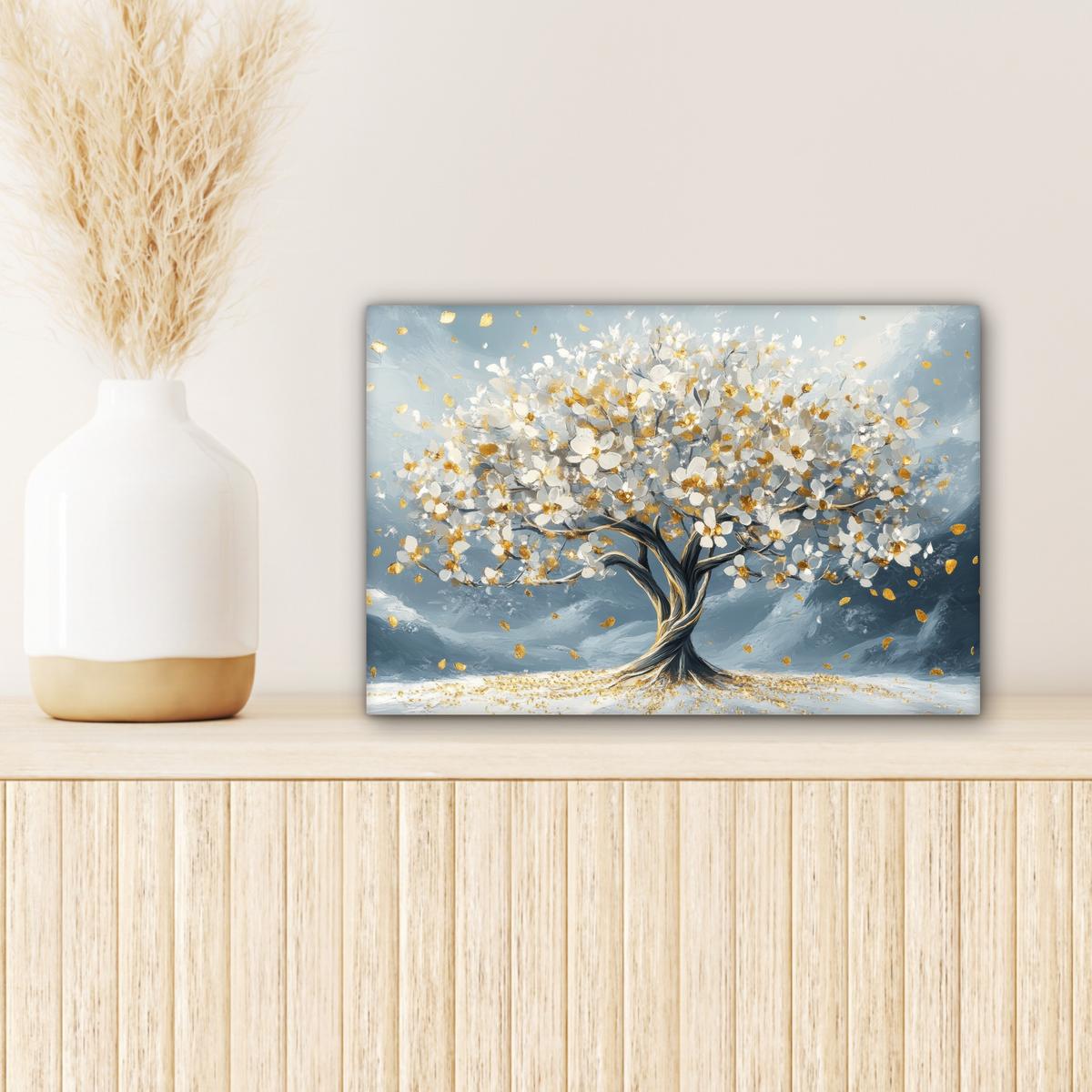 LEINWANDBILD Baum - Winter - Baum des Lebens - Modern - Gold Deko Schlafzimmer 30x20 cm - Goldfarben, Textil (30/20cm) - MuchoWow