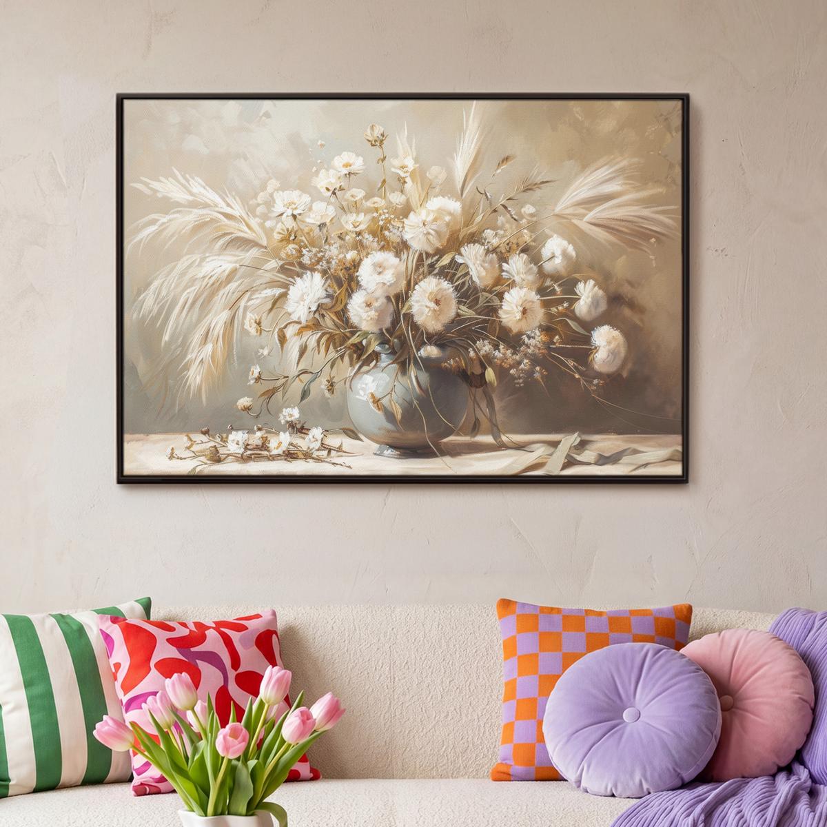 LEINWAND Bilder mit Rahmen - Blumen - Vase - Stilleben - Beige - 90x60 - Creme, Textil (90/60cm) - MuchoWow