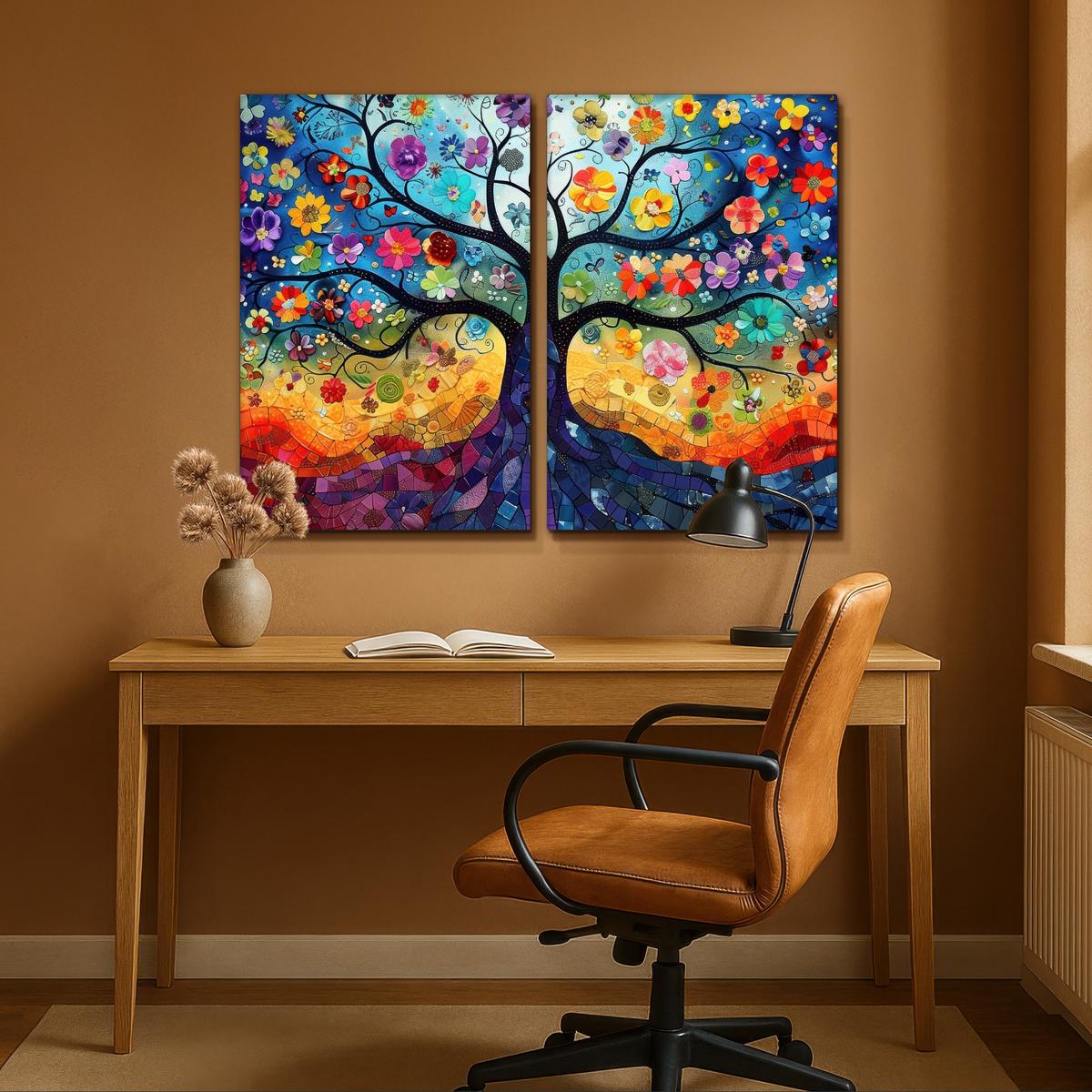 LEINWANDBILD 2er Set Bunt - Baum des Lebens - Blumen - Abstrakt 120x90 cm - Blau, Textil (120/90cm) - MuchoWow