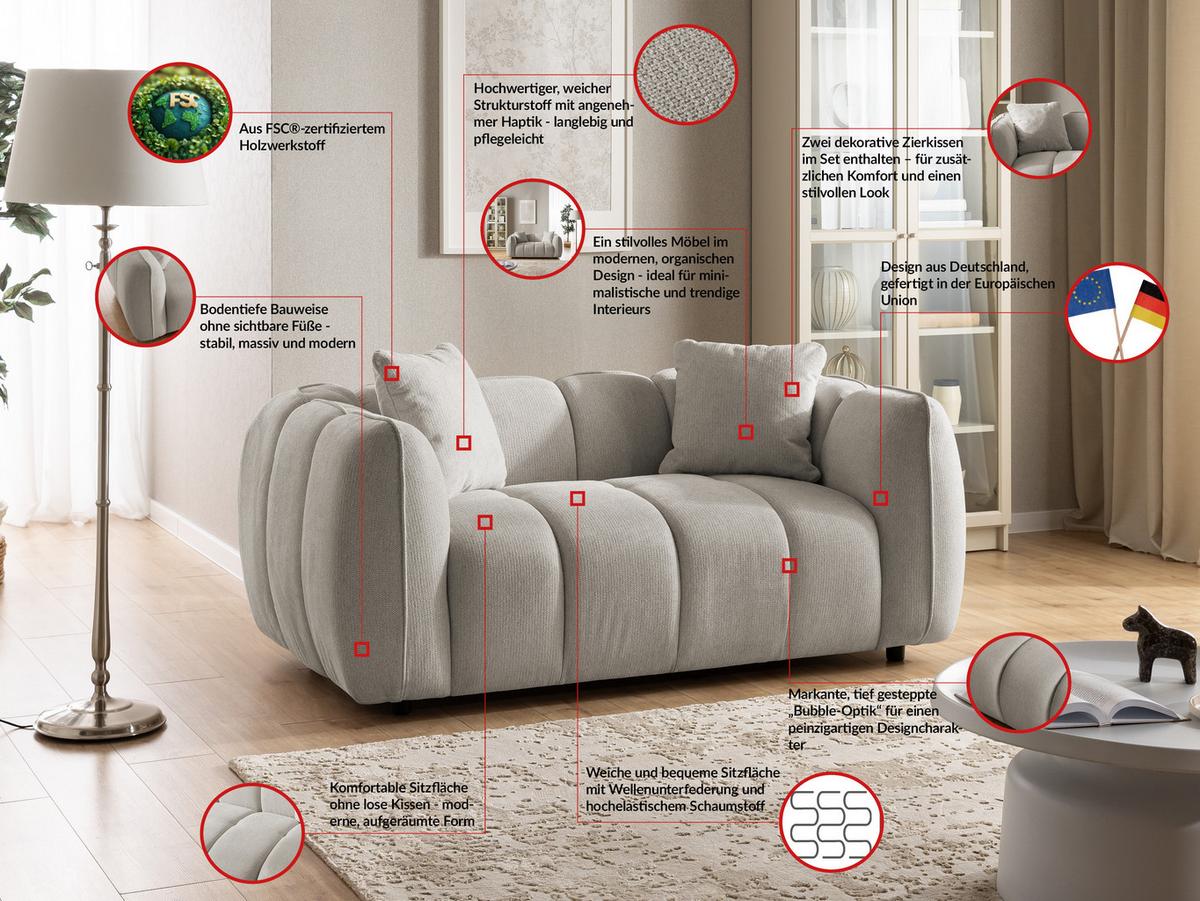 2-SITZER SOFA Nubira in tief gesteppter Bubble-Optik aus weichem Taupe Strukturstoff im modernen Design - Taupe/Schwarz, Holz/Kunststoff (172/69/89cm) - S-Style Möbel