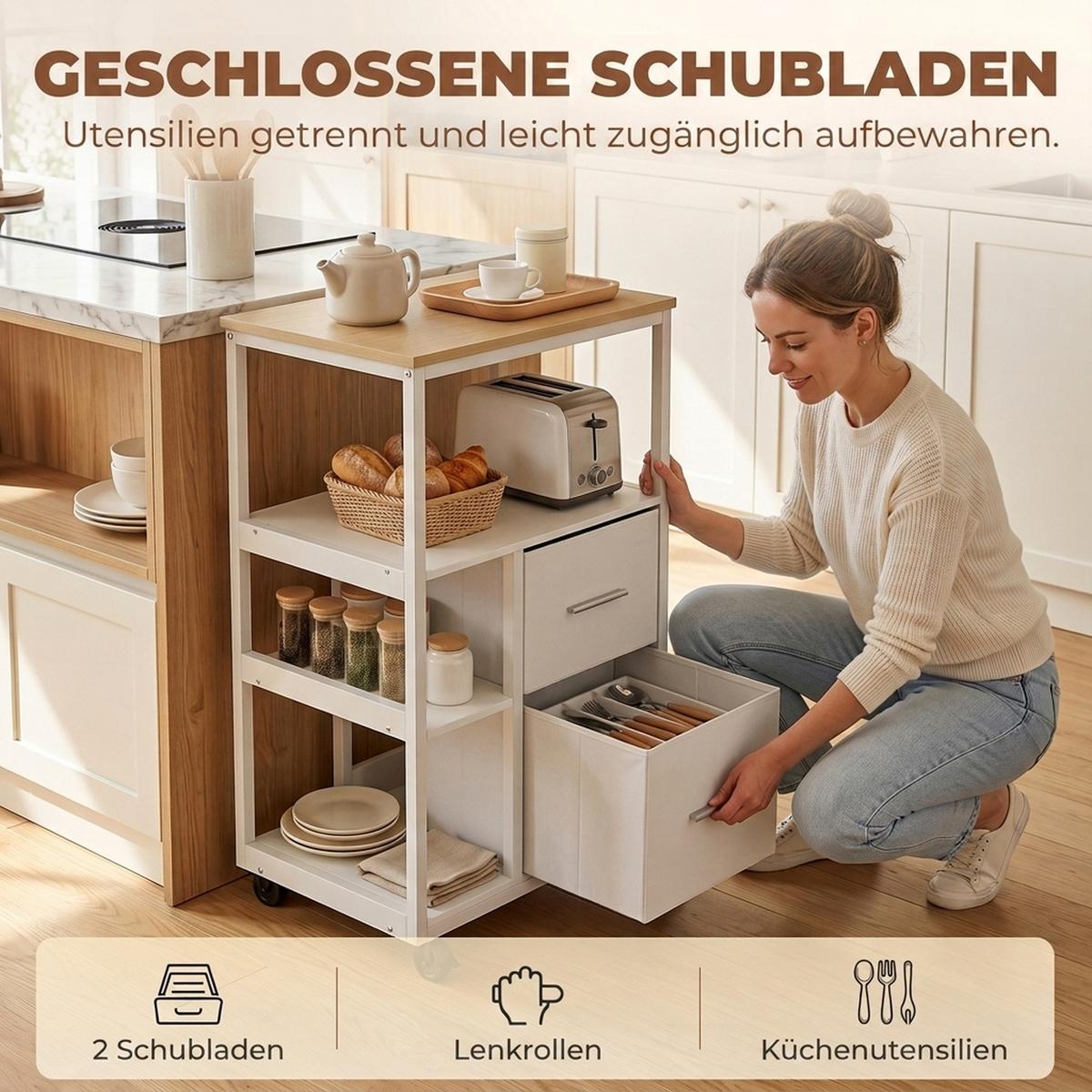 KÜCHENWAGEN Spanplatte Stahl Weiß - Weiß, Holzwerkstoff (37/89/53cm) - HOMCOM