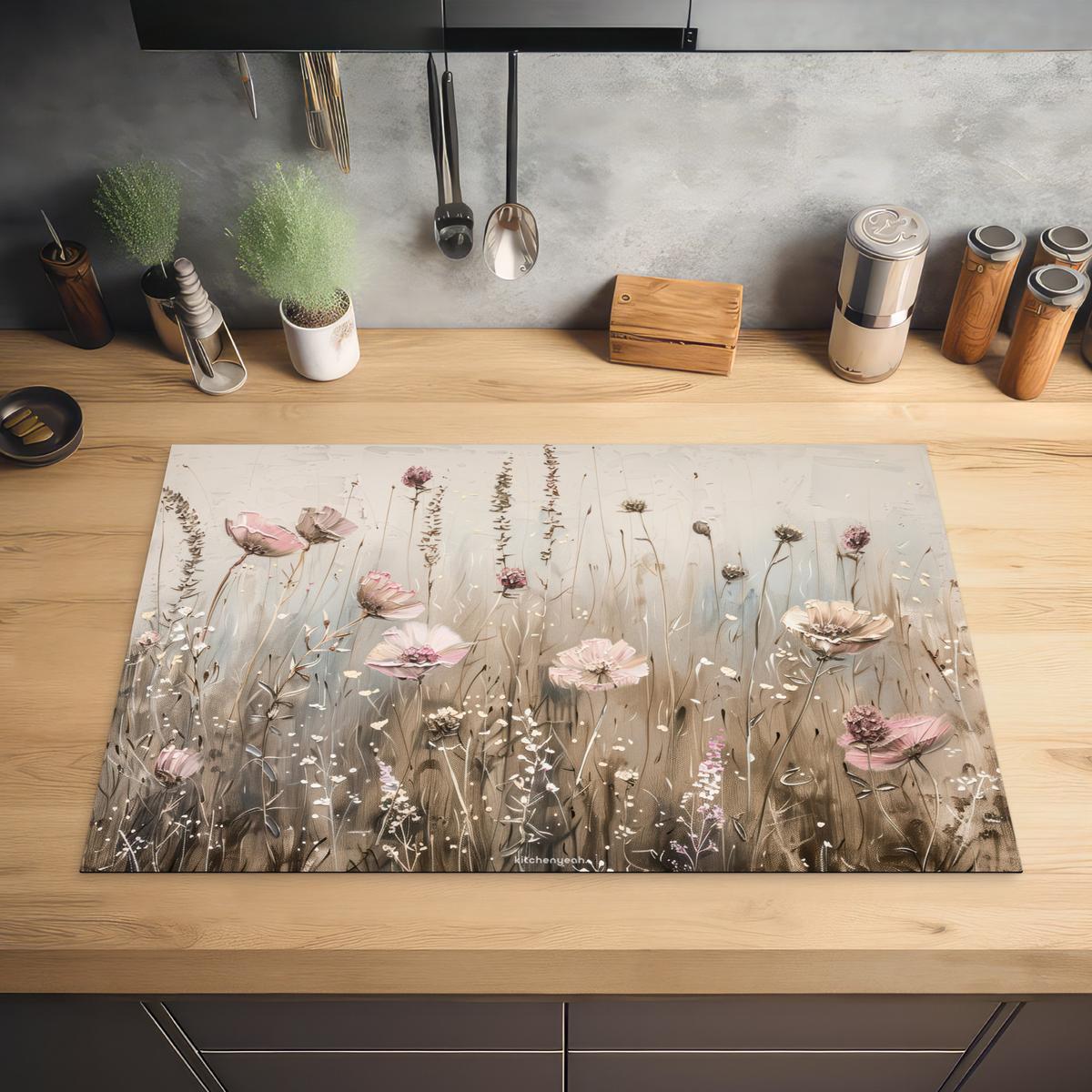 HERDABDECKPLATTE Blumen - Beige - Trockenblumen Induktionsschutz 81.6x52.7 cm - Beige, Kunststoff (81.6/52.7/0.2cm) - MuchoWow