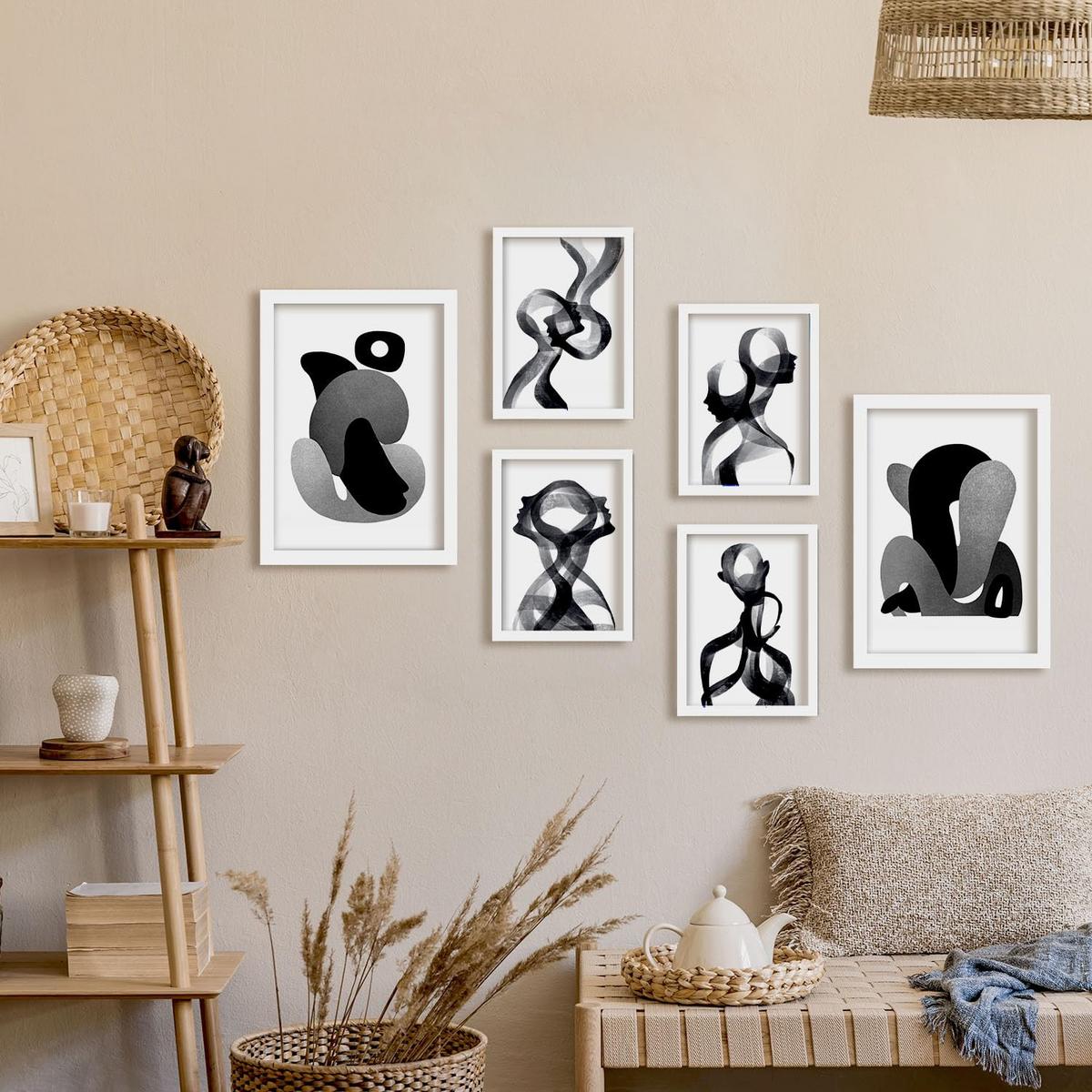 POSTER Set Mit 6 Gebogener Körper In Liebhaber Abstrakt Ästhetische Dekorative Gemälde Für Ihr Wohnzimmer, Schlafzimmer, Zuhause A3 & A4 Weißer Rahmen - Weiß, Papier (29/3cm) - Nacnic