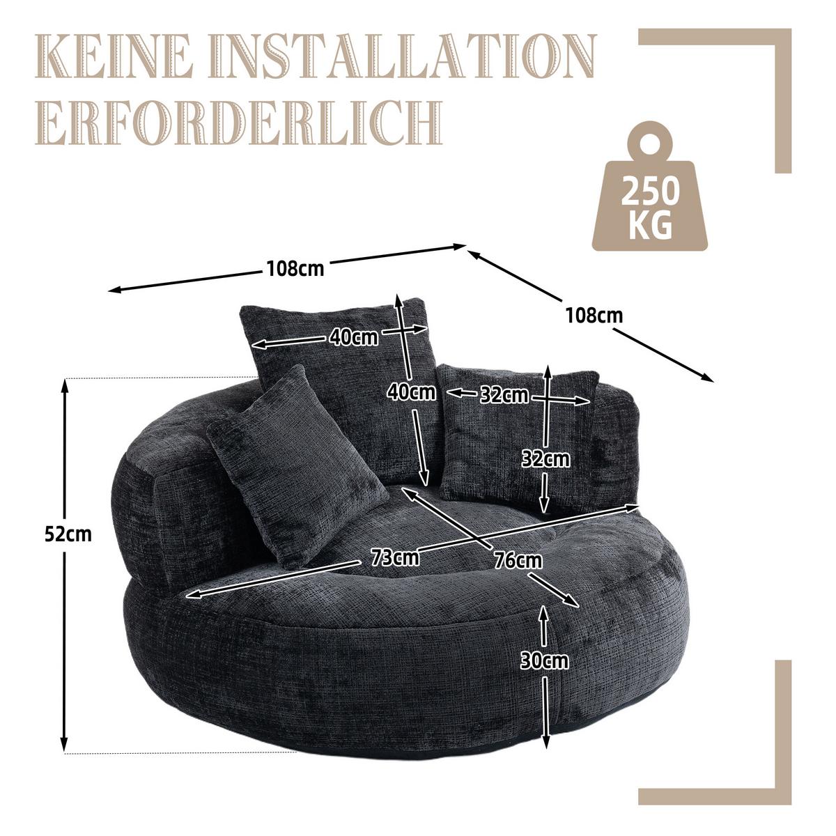 SESSEL chenille bodensessel rund mit kissen - Schwarz, Textil (108/52/108cm) - Urban Meuble