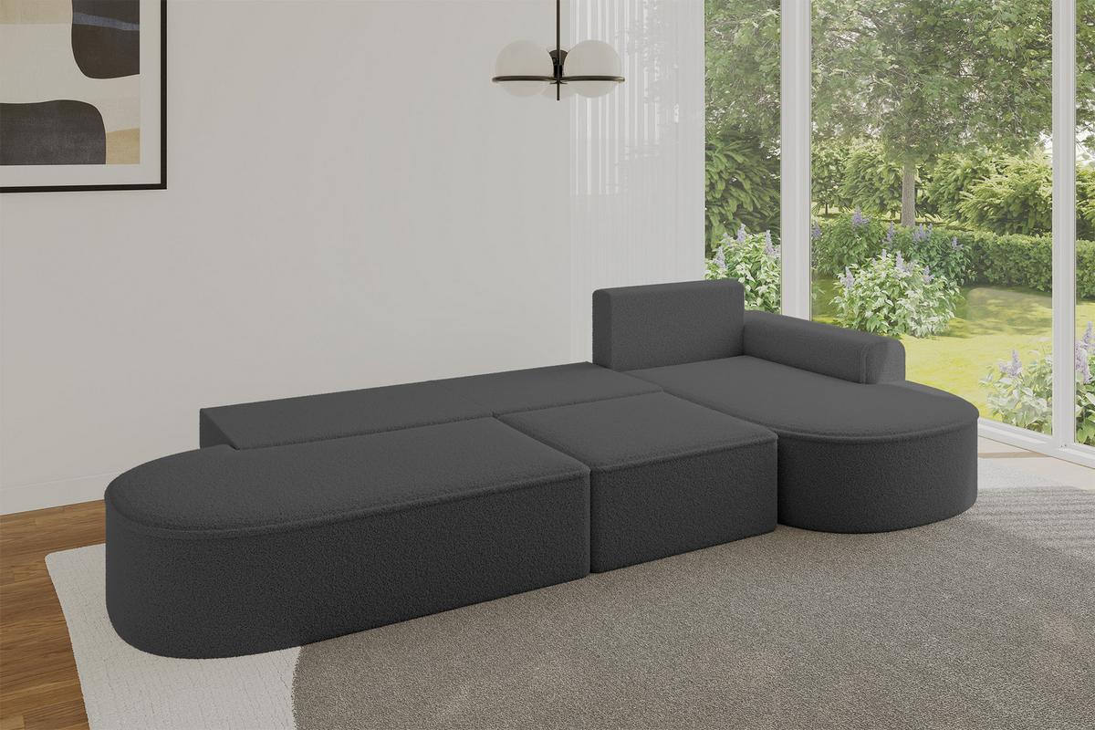 ECKSOFA mit Schlaffunktion Ottomane RECHTS MARI L2-S 368X167X85 Grau Bouclé - Schwarz/Grau, Holzwerkstoff/Kunststoff (167/368cm) - ALTDECOR