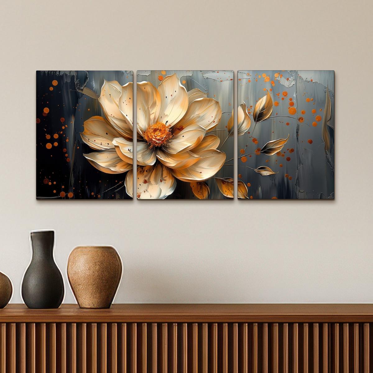 LEINWANDBILD 3er Set Blume - Gold - Abstrakt - Farbe 90x40 cm - Creme, Textil (90/40cm) - MuchoWow