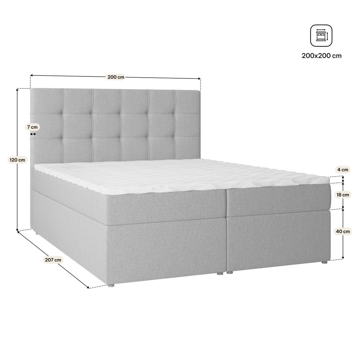 BOXBETT PALMA 200x200 cm mit Matratze und Topper, H2+H3 - Hellgrau - Hellgrau, Holz (200/200cm) - MASSENO