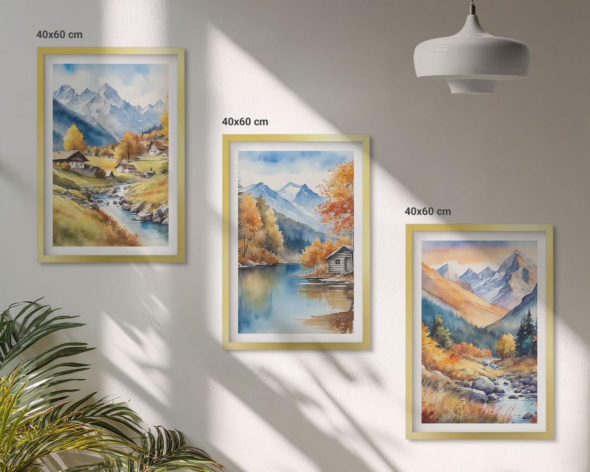 BILDER SET 3er Set - 40x60 cm Goldrahmen - Herbstliche Berge, Flusshäuser - Goldfarben, Kunststoff (40/60cm) - TULUP