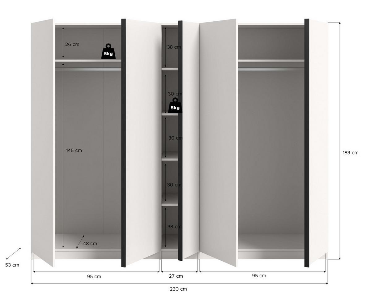 KLEIDERSCHRANK weiß 5-türig 230 x 183 cm, Drehtürenschrank mit viel Stauraum - Schwarz/Weiß, Holzwerkstoff/Kunststoff (230/183/53cm) - Inn.Furn