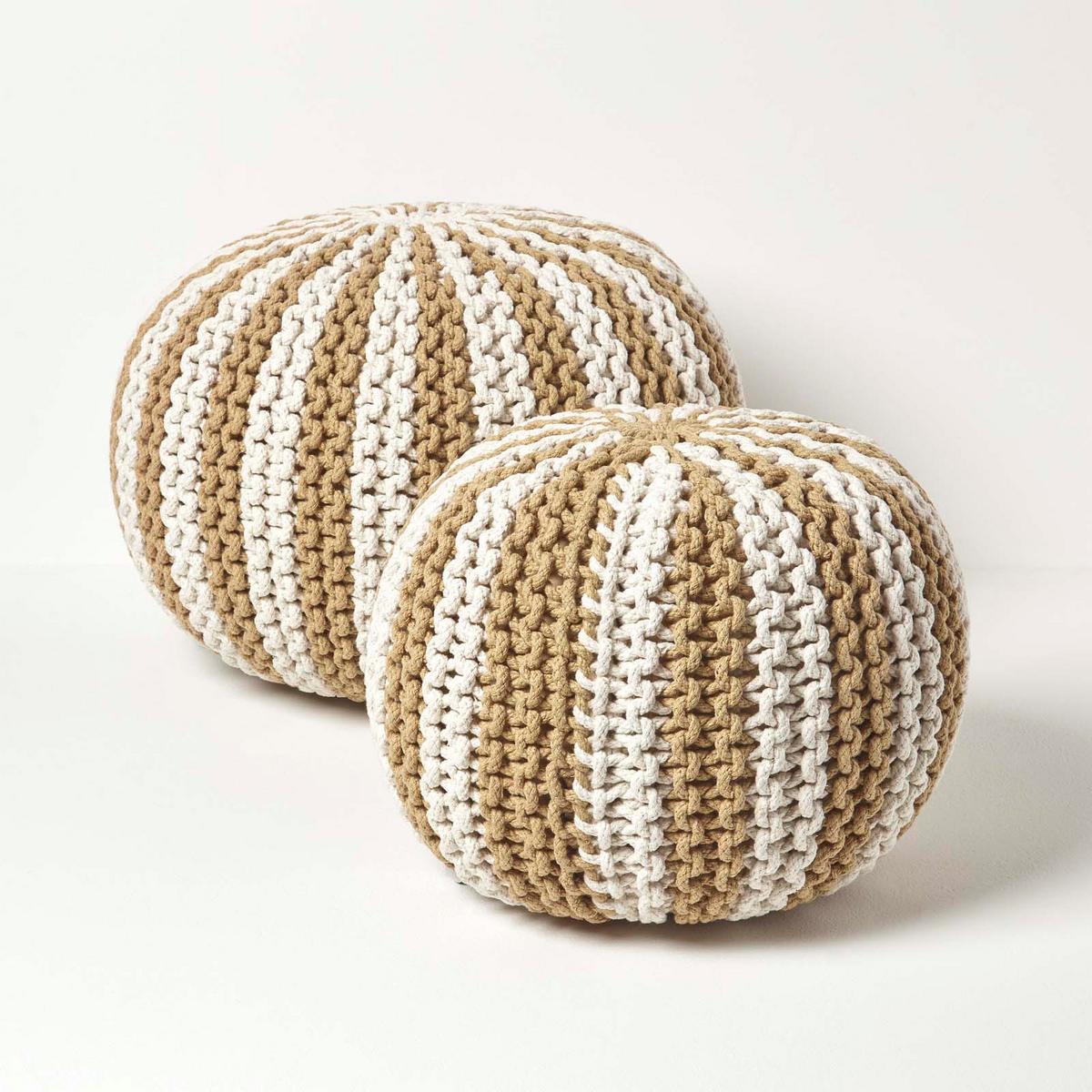 STRICKPOUF rund, beige-creme gestreift, 40/40/35 cm - Beige, Textil (40/35/40cm) - Homescapes