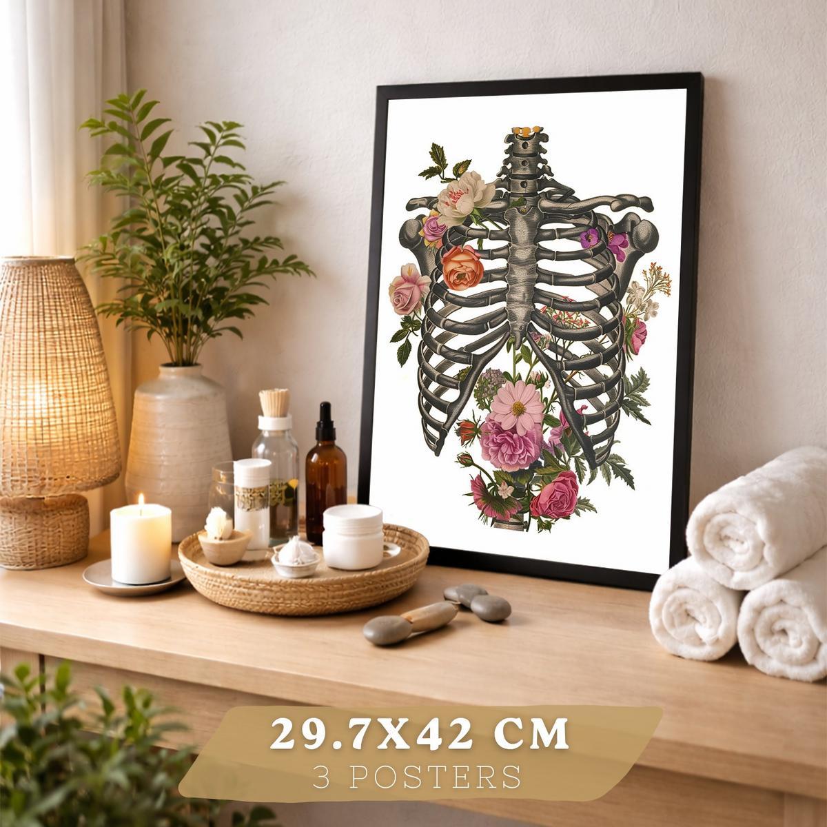 POSTER Set aus 3 Anatomie Mensch Drucke und mit Lungen Luftröhre Bronchien Rippen Wirbelsäule und Schädel Modernes Florales Größe Schwarzer Rahmen A3 - Schwarz, Papier (29.7/42/3cm) - Nacnic