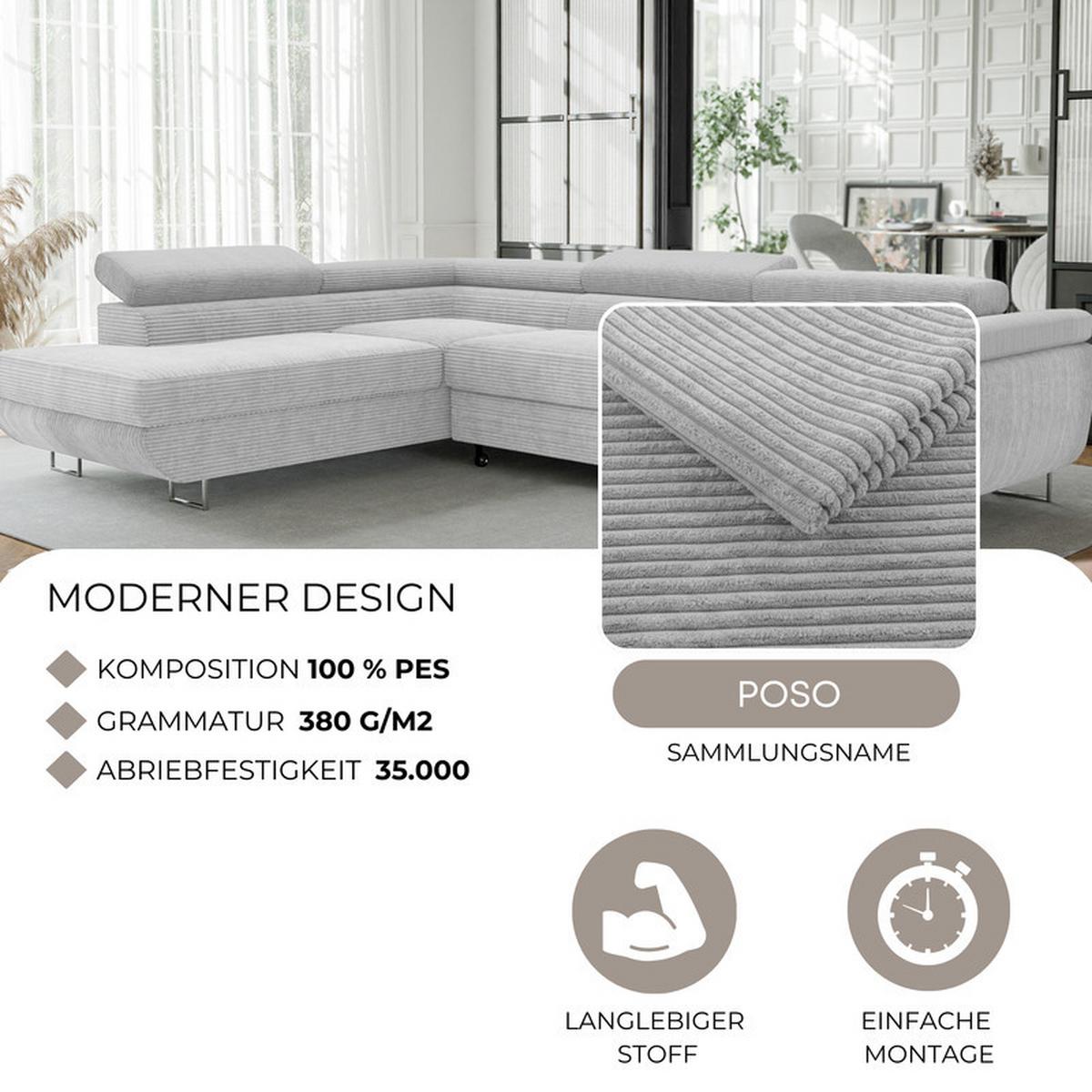 ECKSOFA ANTON links, mit Schlaffunktion und Bettkasten Hellgrau - Chromfarben/Hellgrau, Textil/Metall (274/203cm) - Idohome