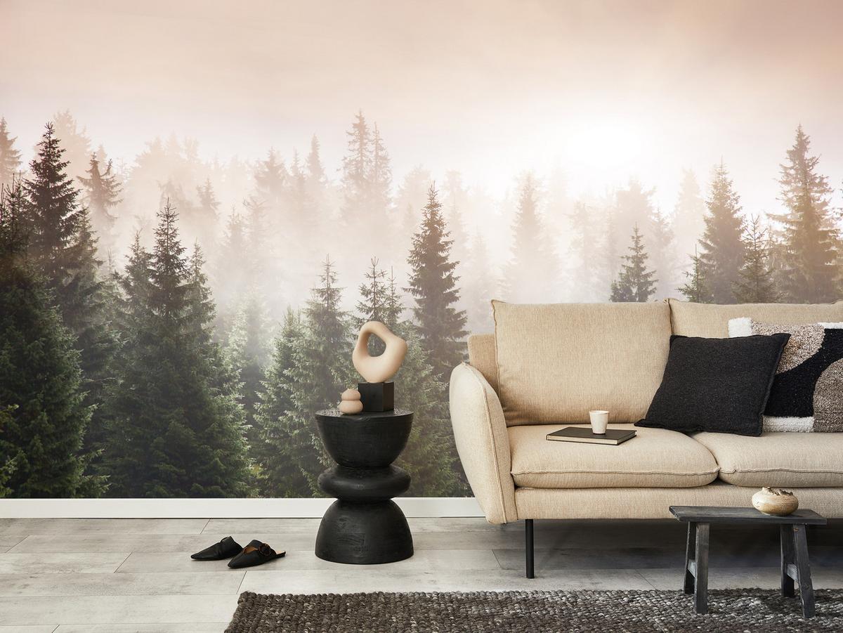FOTOTAPETE für Wohnzimmer Nadelwald Bäume im Nebel Mystisch 450x315 - Orange/Braun, Papier (450/315cm) - Muralo