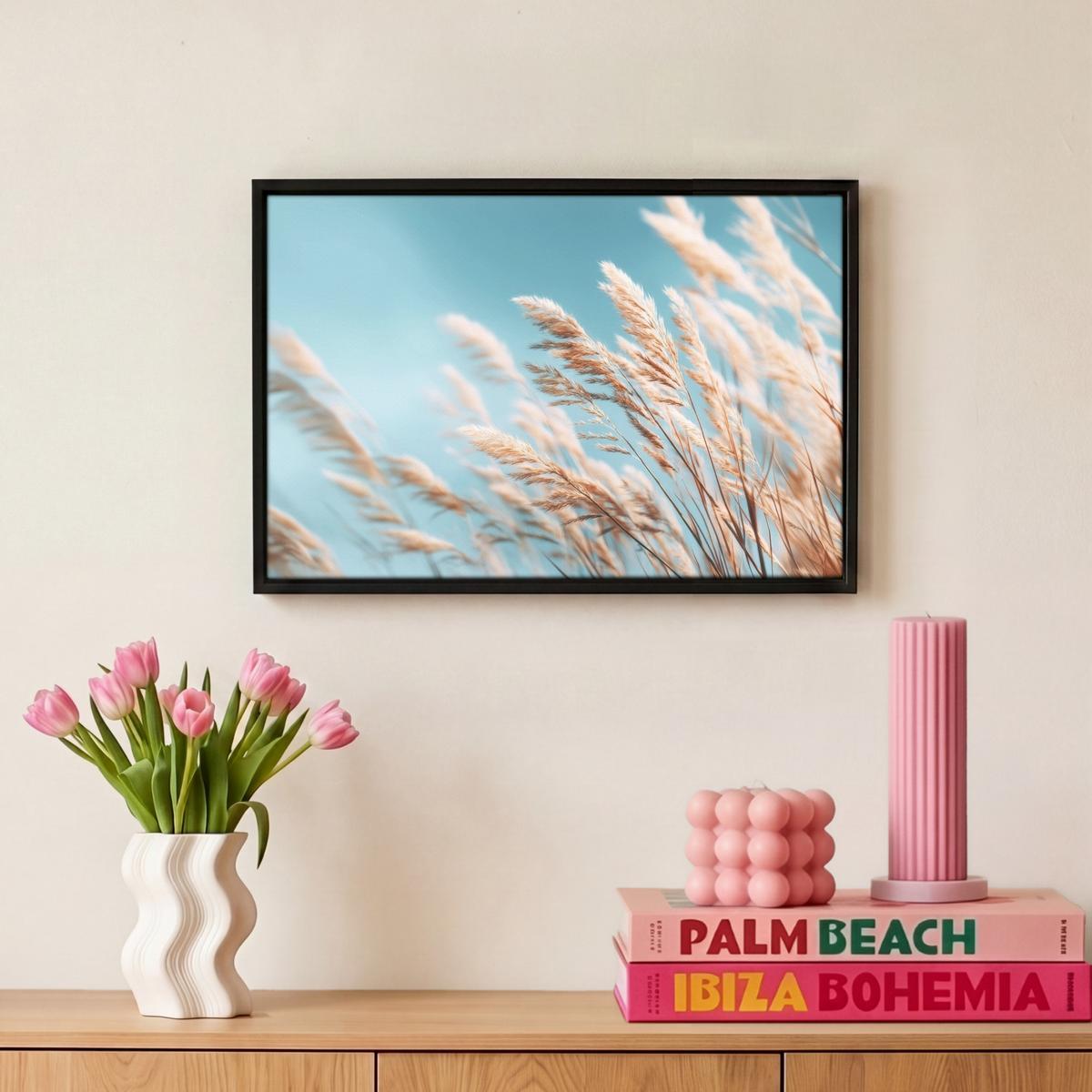 LEINWAND Bilder mit Rahmen - Ziergras - Wind - Hellbraun - 30x20 - Hellblau, Textil (30/20cm) - MuchoWow