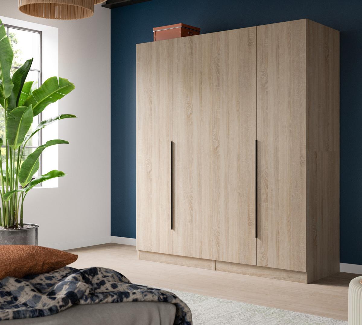 KLEIDERSCHRANK Eiche Sonoma 4-türig 160 x 181 cm, Drehtürenschrank mit Kleiderstange - Eichefarben/Schwarz, Holzwerkstoff/Kunststoff (160/181/52cm) - Inn.Furn