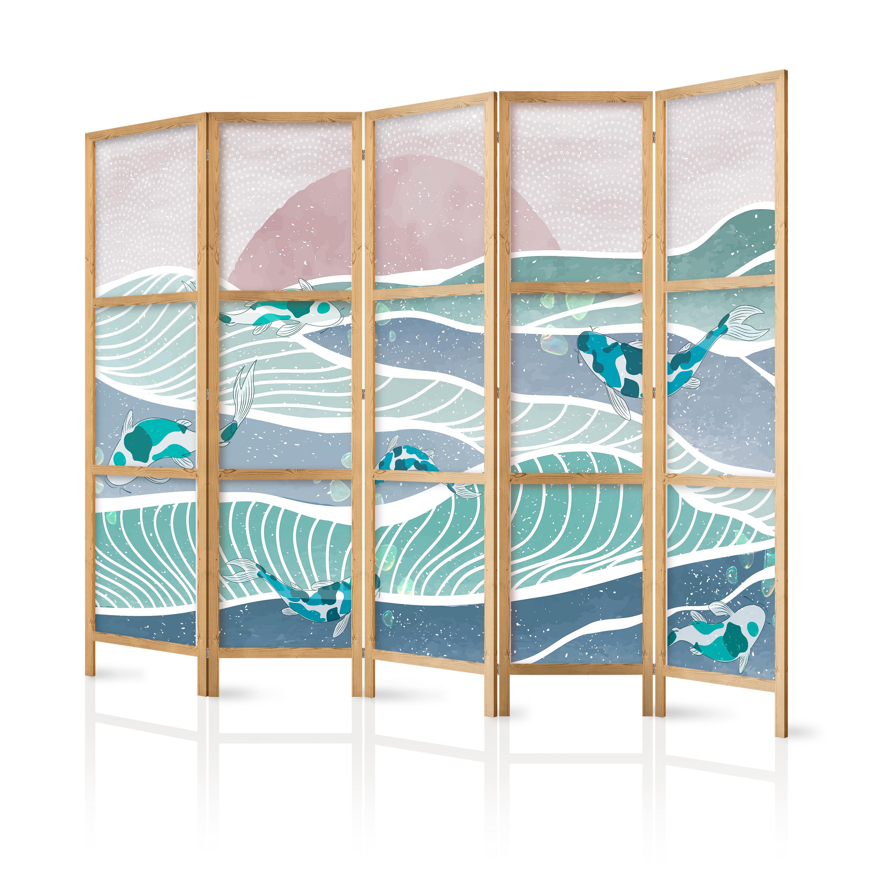 PARAVENT Japanischer 5-tlg 225x172 cm Koi-Fische Meereswellen - Blau, Holz/Textil (225/172/3cm) - Muralo
