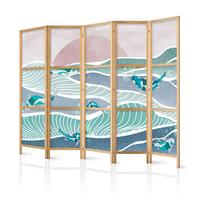 PARAVENT Japanischer 5-tlg 225x172 cm Koi-Fische Meereswellen - Blau, Holz/Textil (225/172/3cm) - Muralo