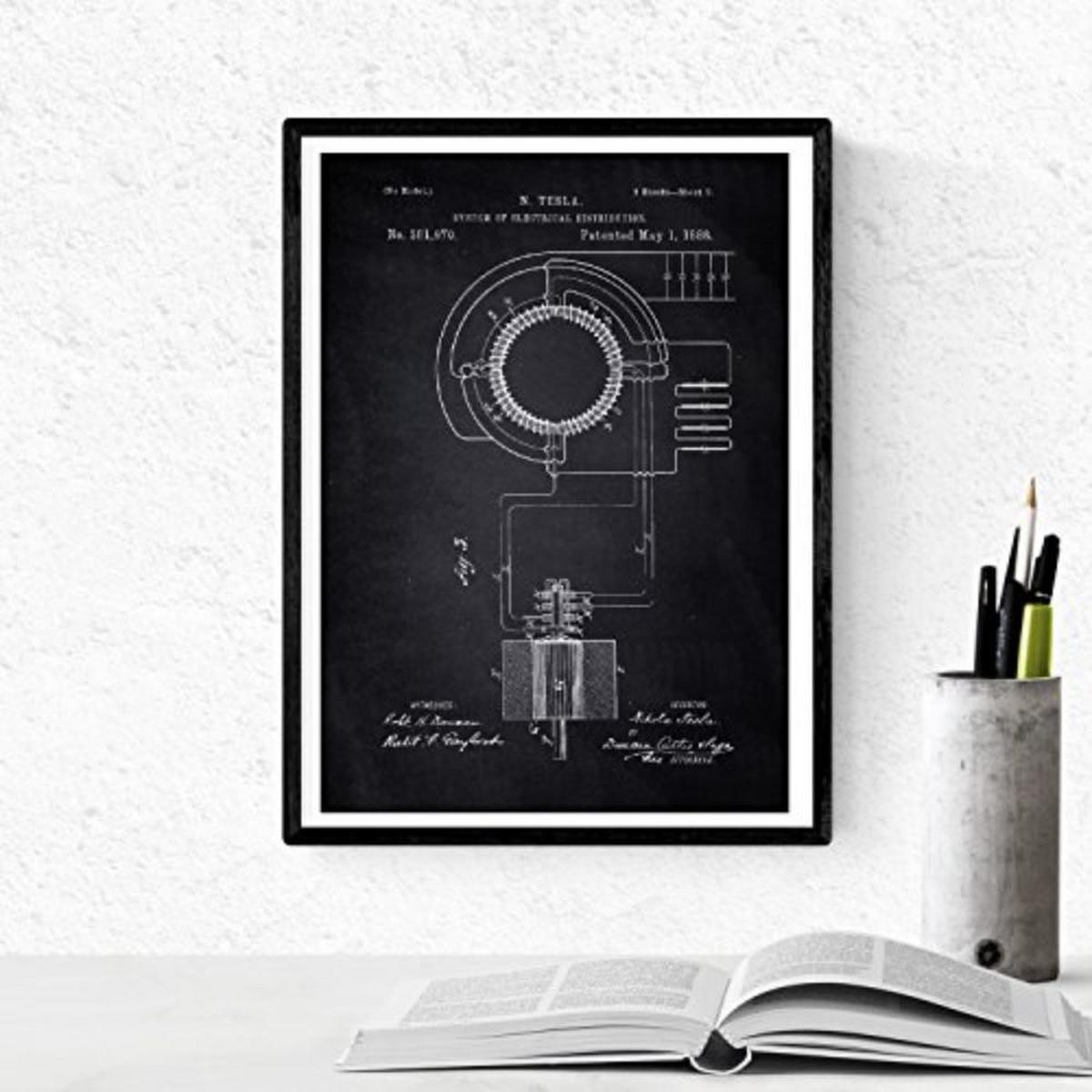 POSTER Set mit 4 Schwarz Patenten Strom A4 Schwarzer Rahmen - Schwarz, Papier (29.7/3cm) - Nacnic