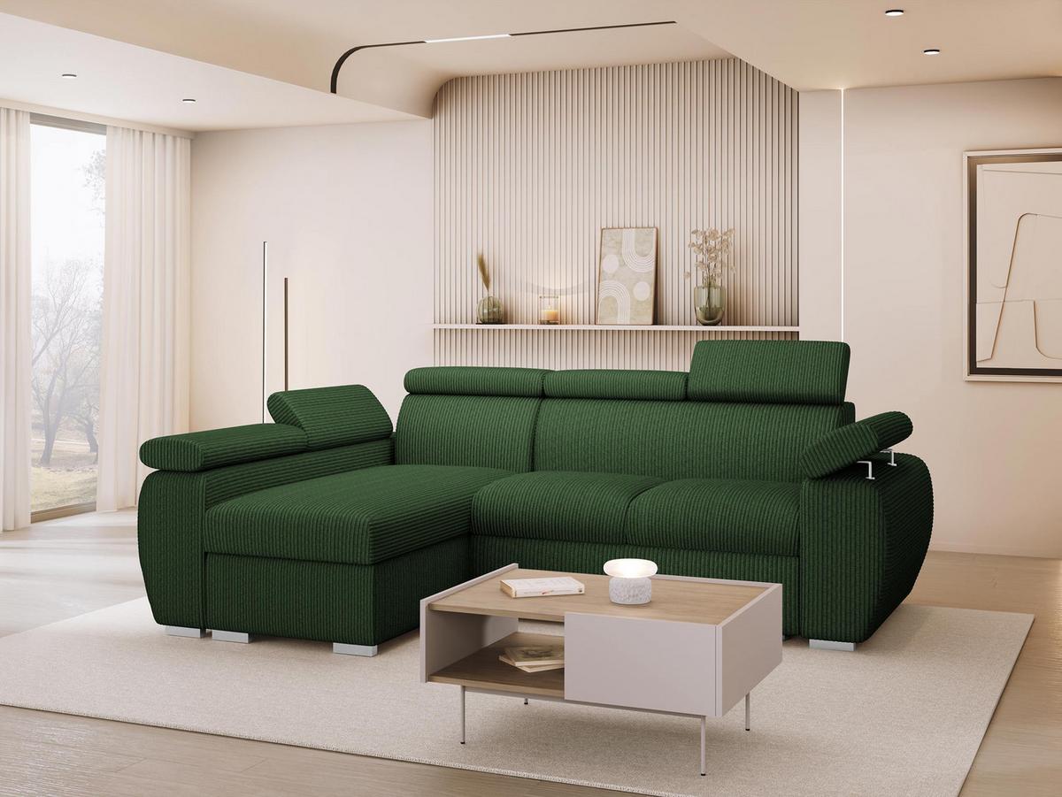 ECKSOFA Boston Mini Premium Cord 2RLC, Seite: Links LC+2R - Chromfarben/Grün, Holz/Textil (255/170cm) - MIRJAN24