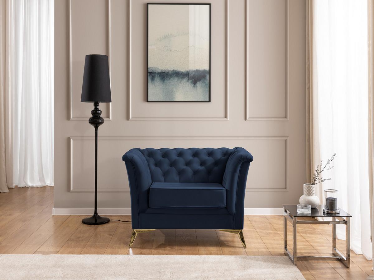 SITZGARNITUR 3+2+1 Chesterfield Whitby Marineblau Samt mit goldenen Füßen - Blau/Goldfarben, Holz/Textil (237/78/82cm) - S-Style Möbel