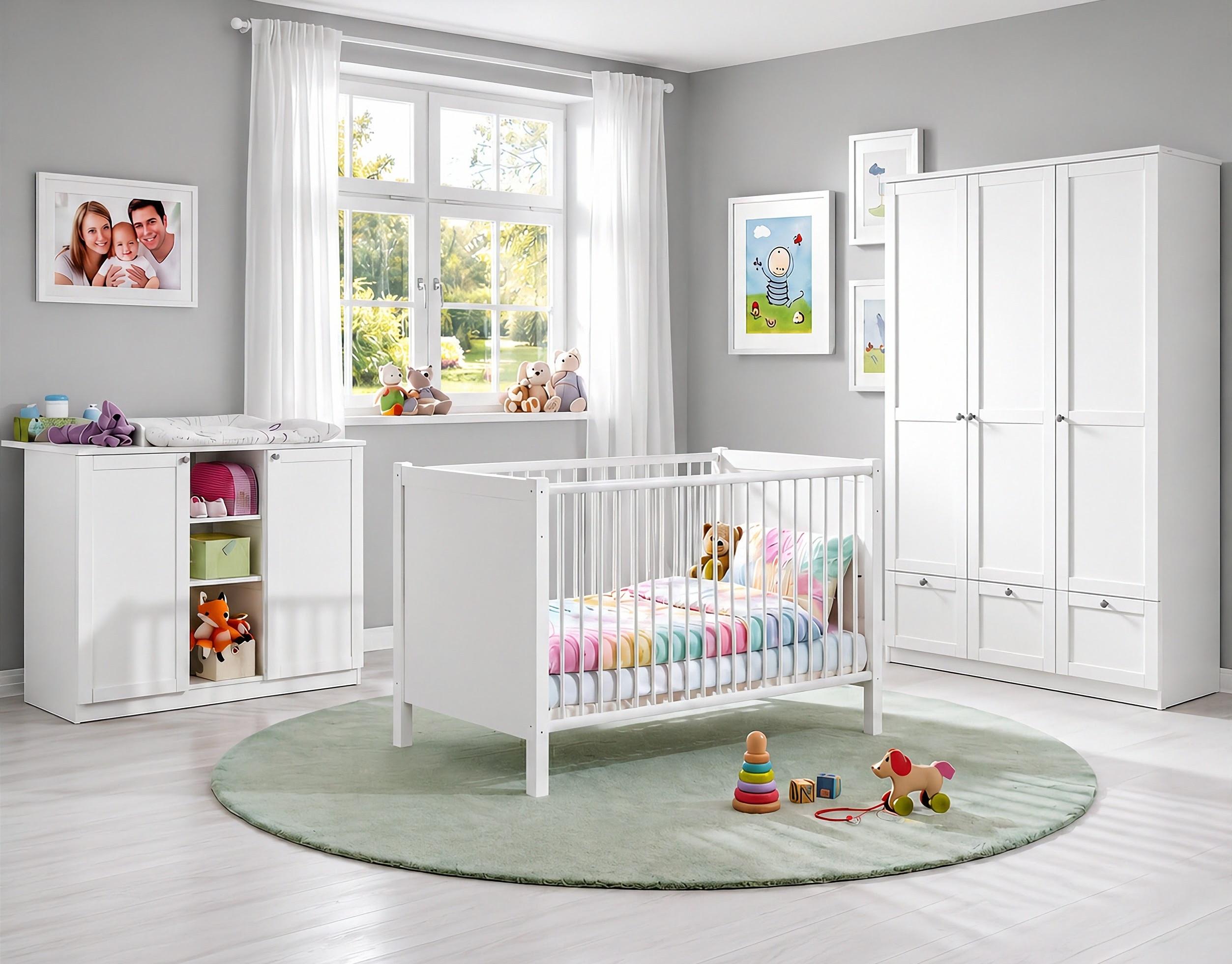 BABYZIMMER-SET 3-teilig: Babybett & Wickelkommode & Kleiderschrank 3-türig mit Schubladen B135/H200/T58 cm, Soft-Close, Landhausstil Weiß / 22804 - Silberfarben/Weiß, Holzwerkstoff/Metall (76/83/146cm) - luma-home